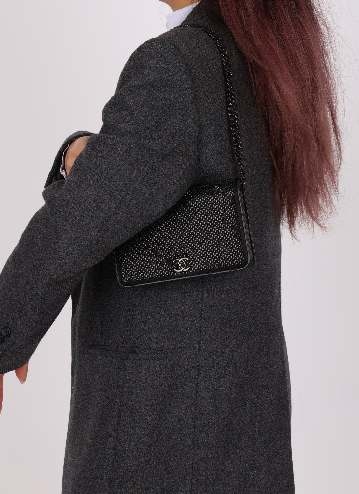 Chanel So Black Satin Crystal Studded Turnlock Wallet on Chain - FashioNica