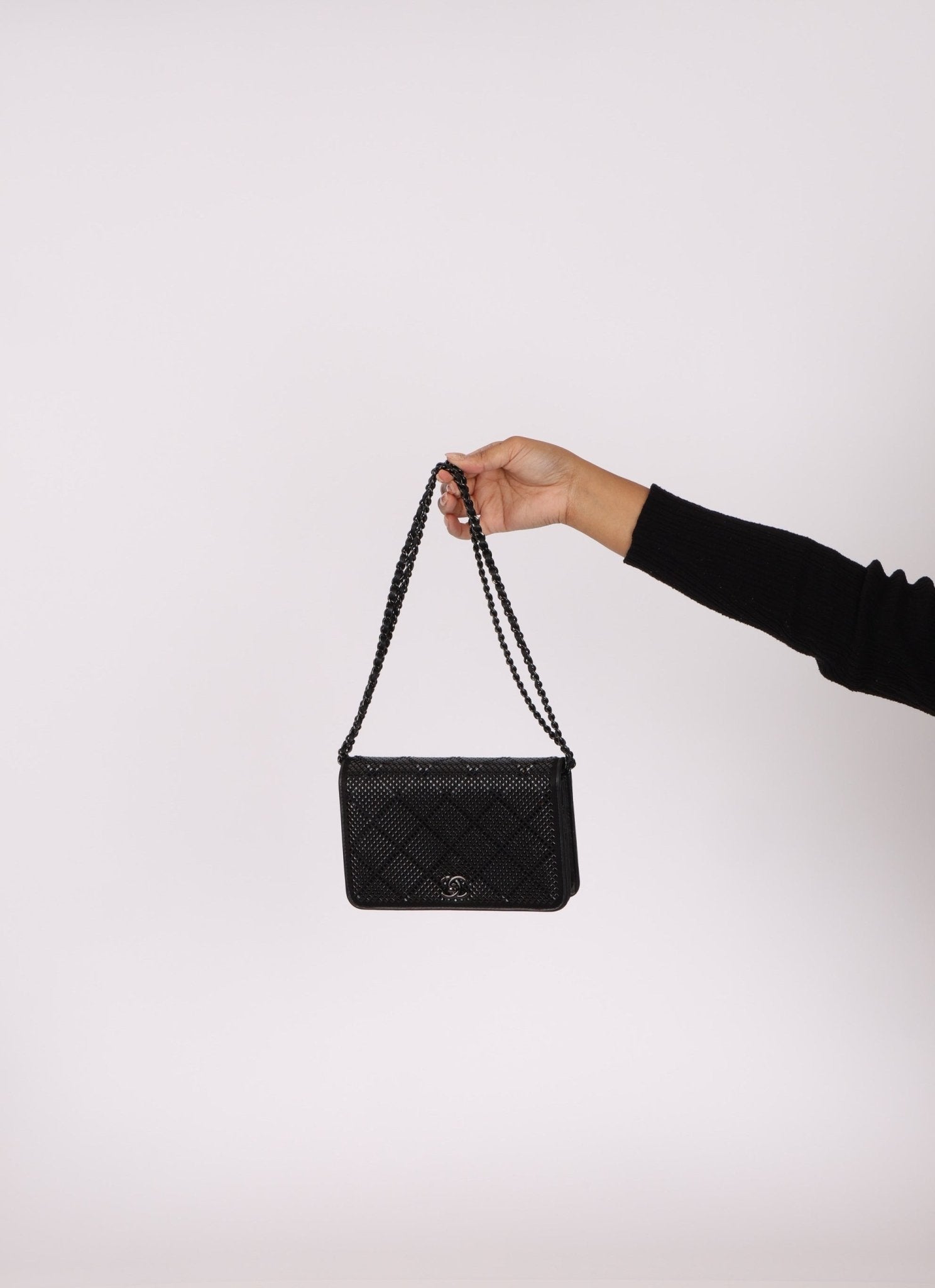 Chanel So Black Satin Crystal Studded Turnlock Wallet on Chain - FashioNica