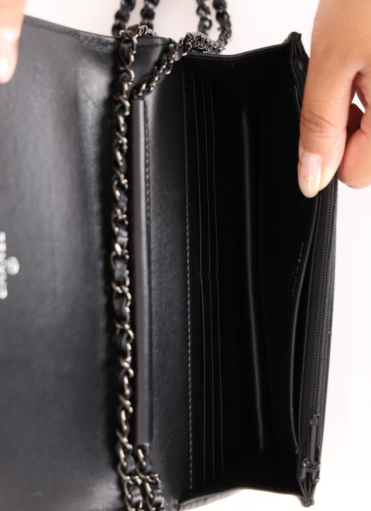 Chanel So Black Satin Crystal Studded Turnlock Wallet on Chain - FashioNica