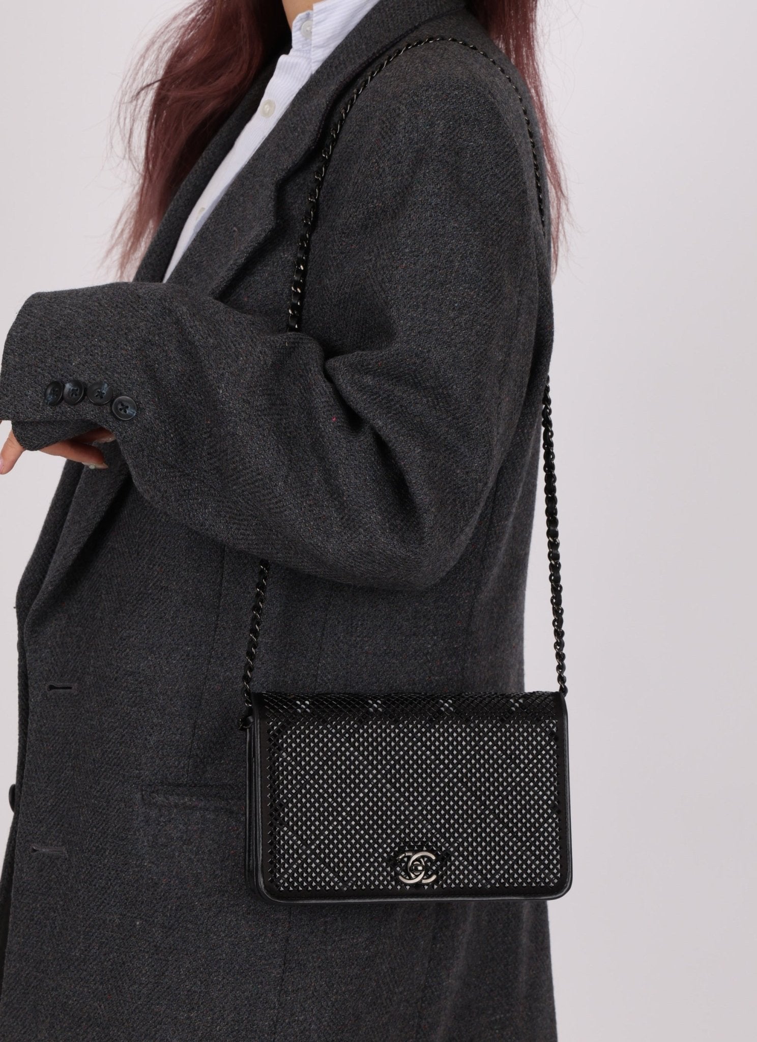 Chanel So Black Satin Crystal Studded Turnlock Wallet on Chain - FashioNica