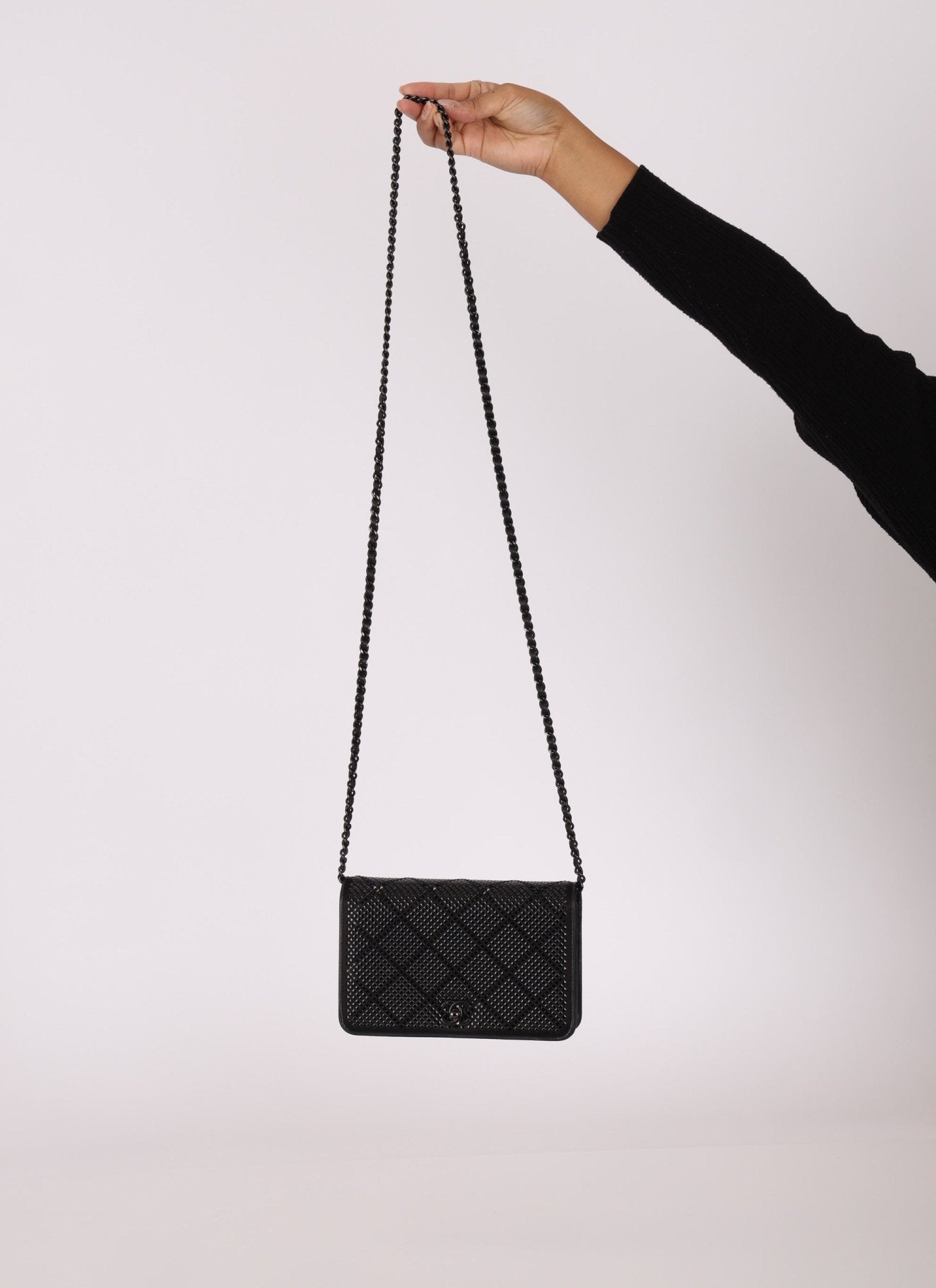 Chanel So Black Satin Crystal Studded Turnlock Wallet on Chain - FashioNica