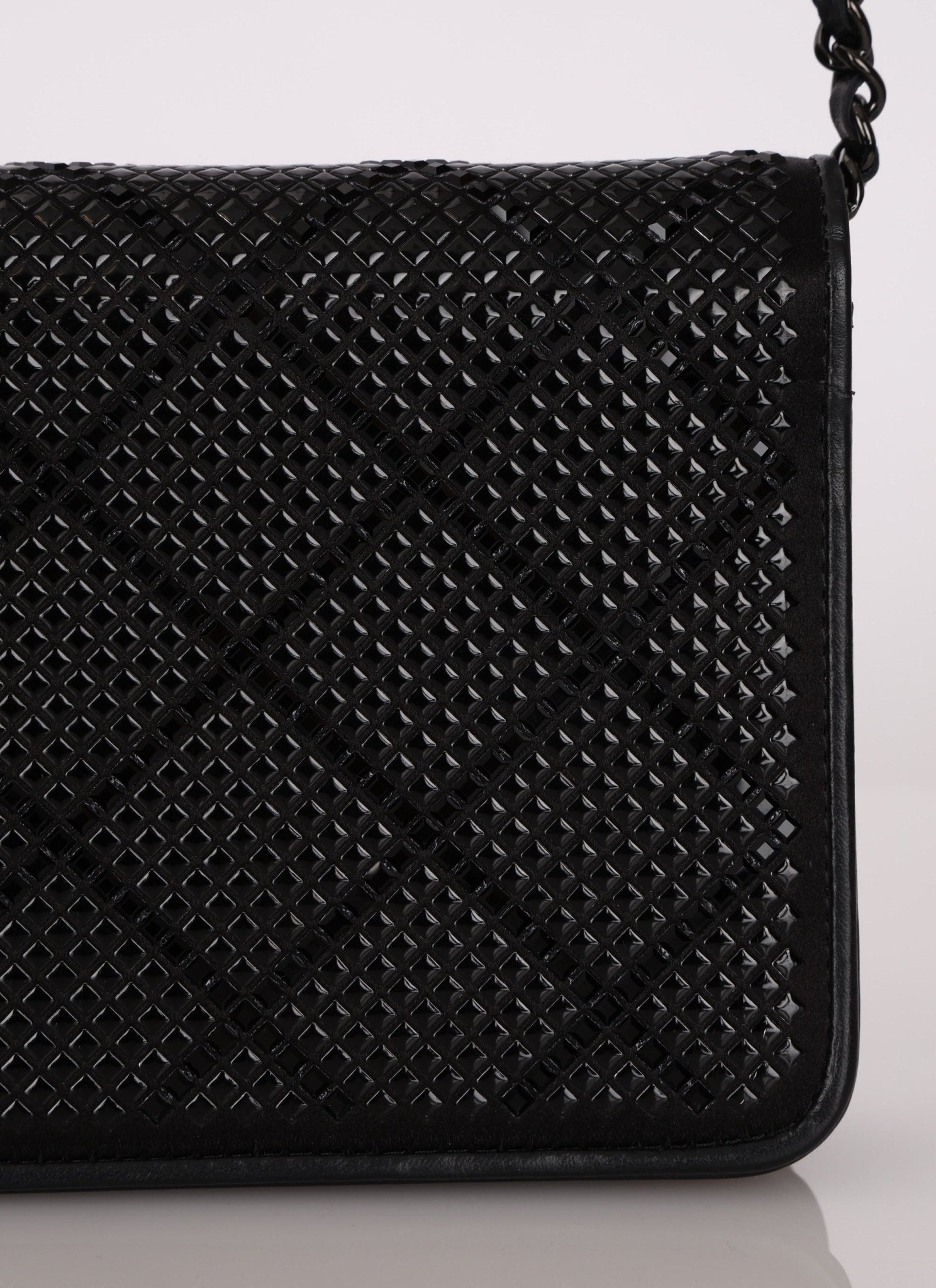 Chanel So Black Satin Crystal Studded Turnlock Wallet on Chain - FashioNica