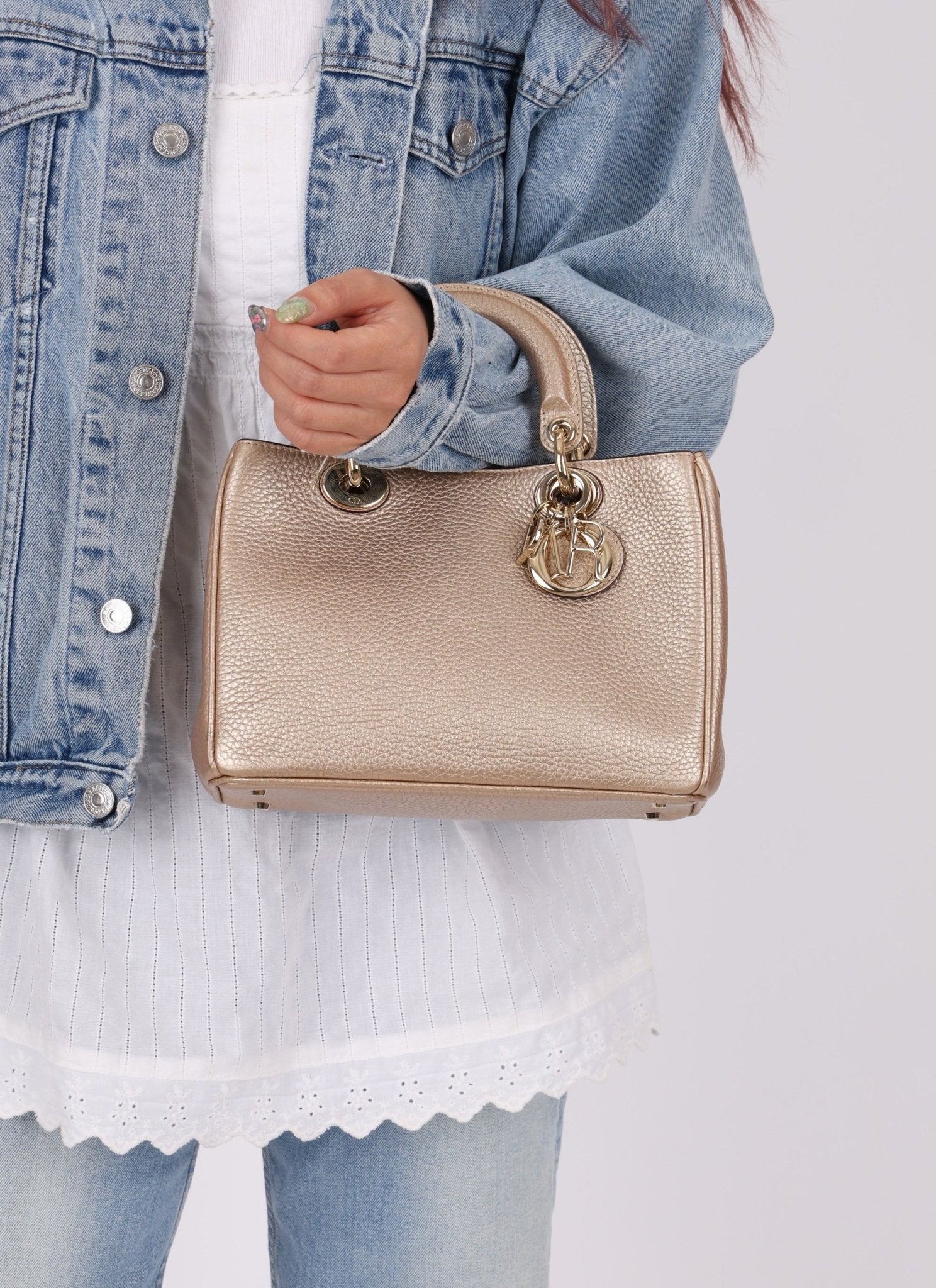 Dior 2014 Metallic Pebbled Leather Champagne Mini Diorissimo Tote - FashioNica