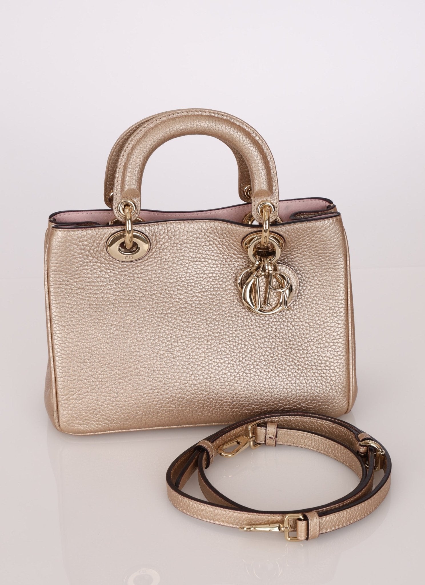 Dior 2014 Metallic Pebbled Leather Champagne Mini Diorissimo Tote - FashioNica