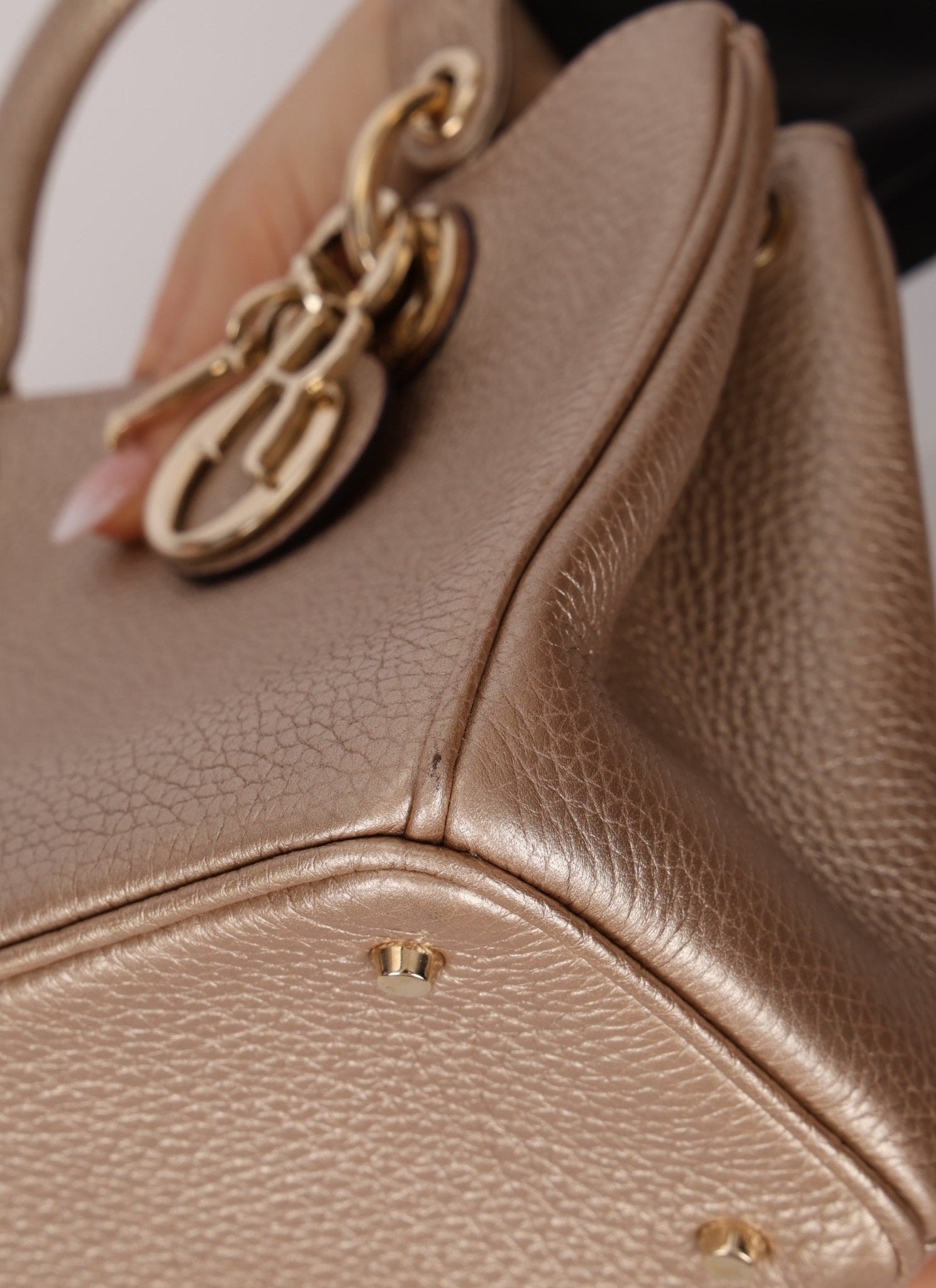 Dior 2014 Metallic Pebbled Leather Champagne Mini Diorissimo Tote - FashioNica