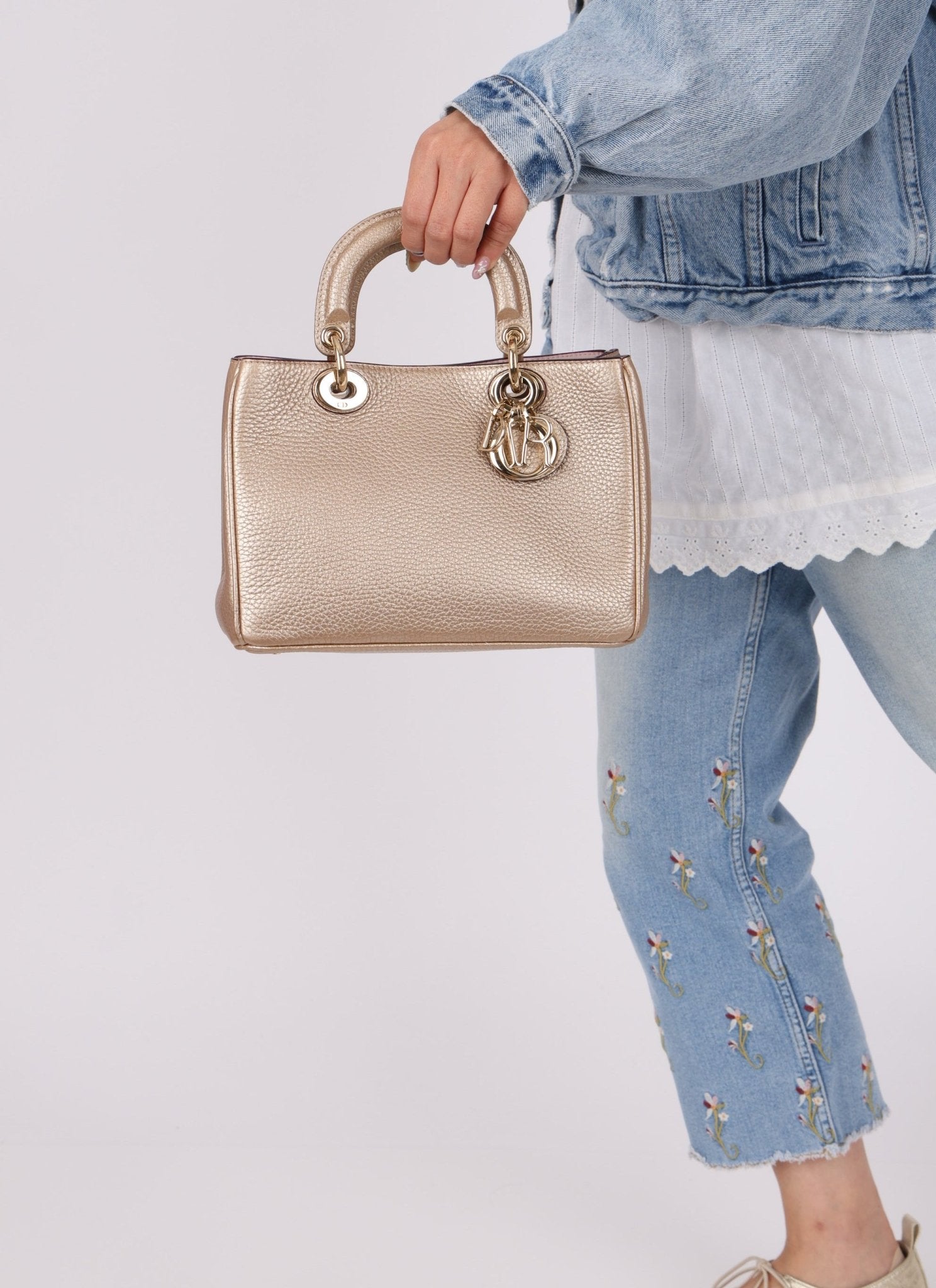 Dior 2014 Metallic Pebbled Leather Champagne Mini Diorissimo Tote - FashioNica