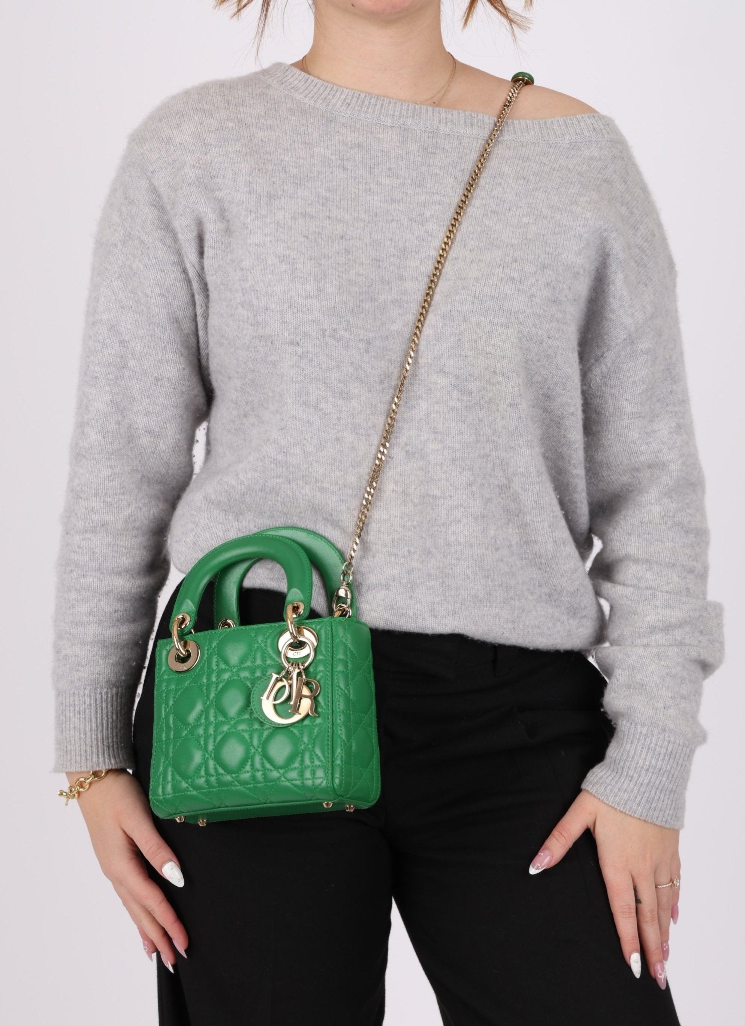 Dior 2018 Emerald Lambskin Cannage Mini Lady w Strap - FashioNica
