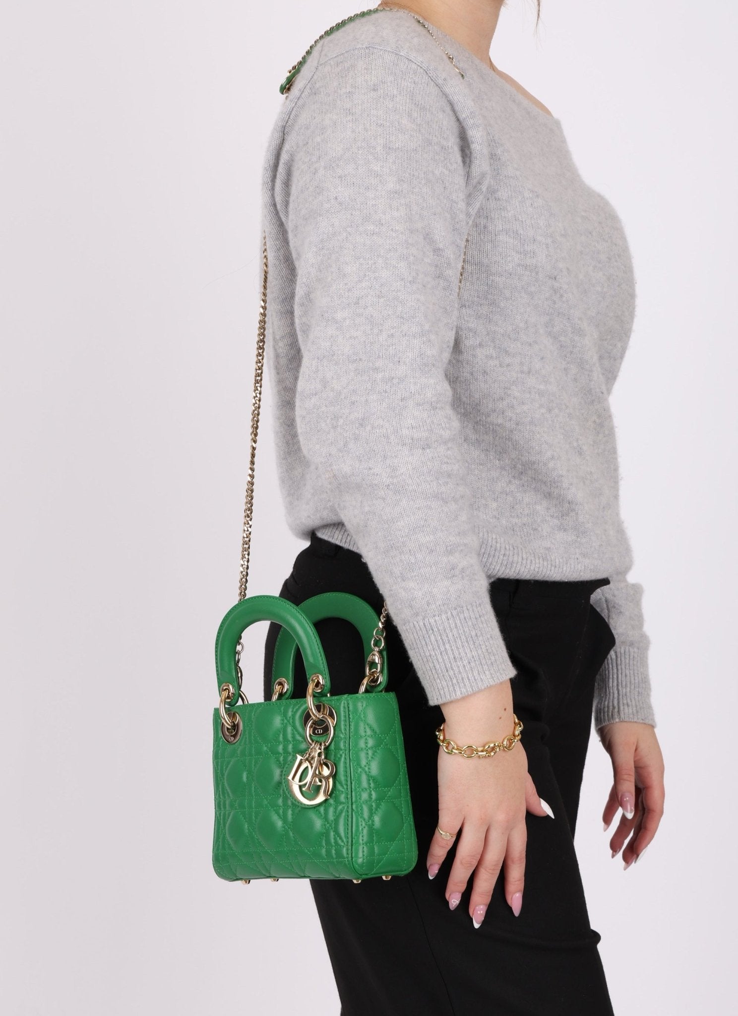 Dior 2018 Emerald Lambskin Cannage Mini Lady w Strap - FashioNica