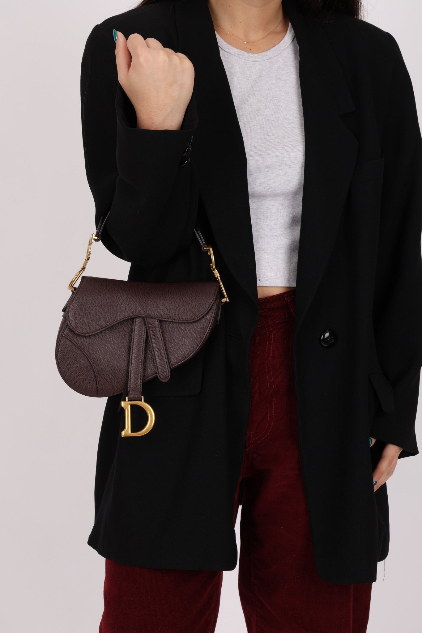 Dior 2019 Bordeaux Grain Mini Saddle GHW w/ Dior Guitar Strap - FashioNica