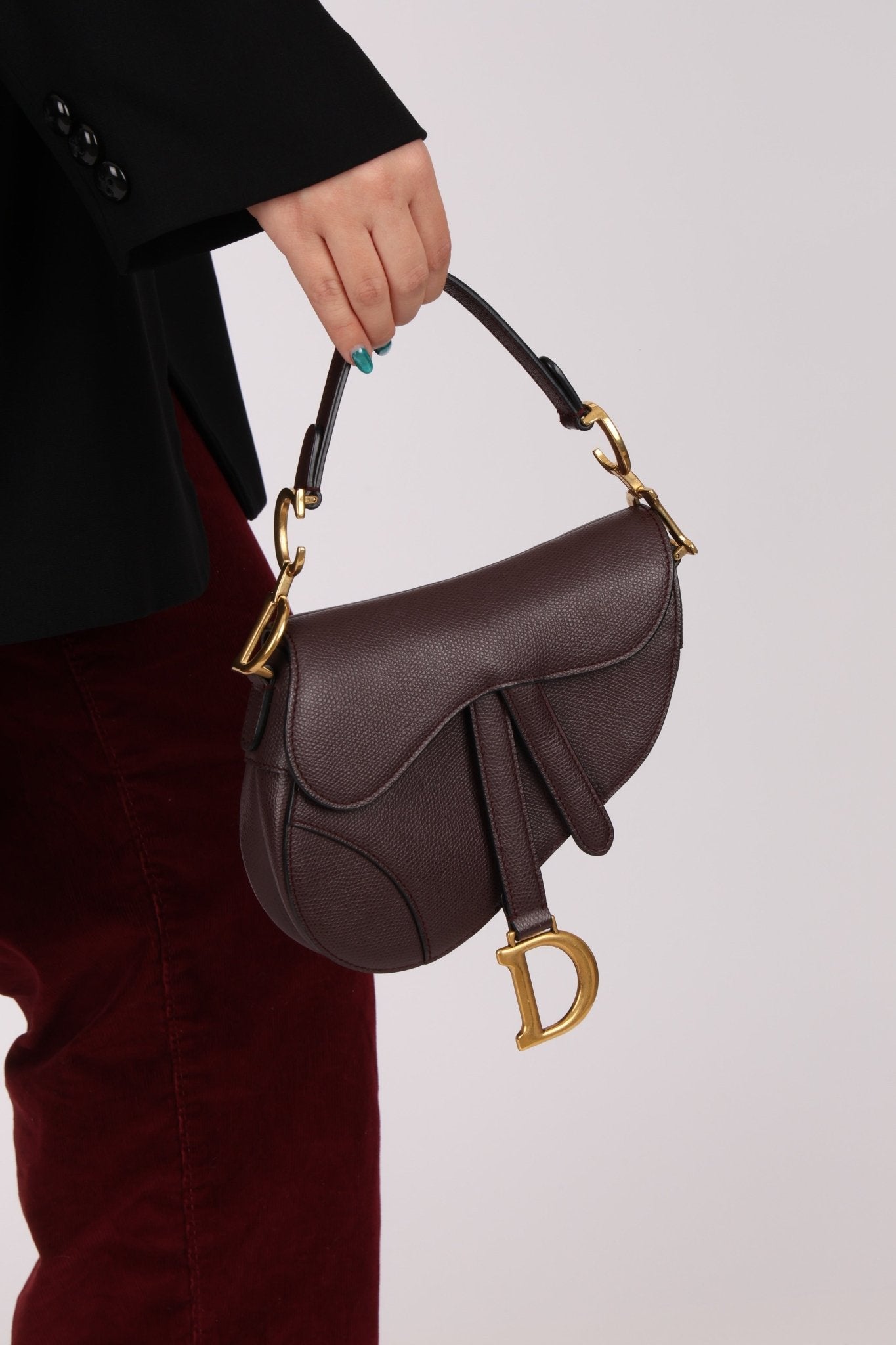 Dior 2019 Bordeaux Grain Mini Saddle GHW w/ Dior Guitar Strap - FashioNica