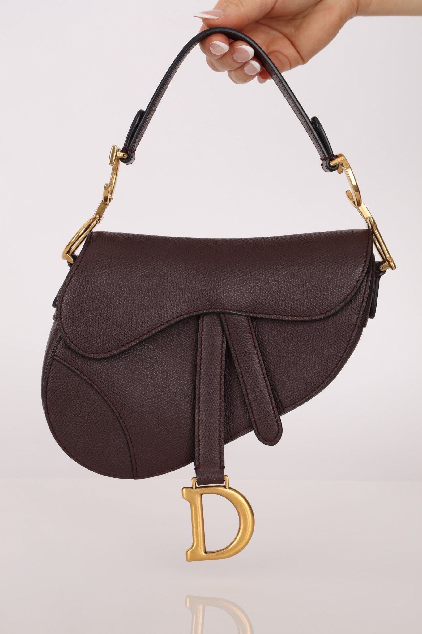 Dior 2019 Bordeaux Grain Mini Saddle GHW w/ Dior Guitar Strap - FashioNica