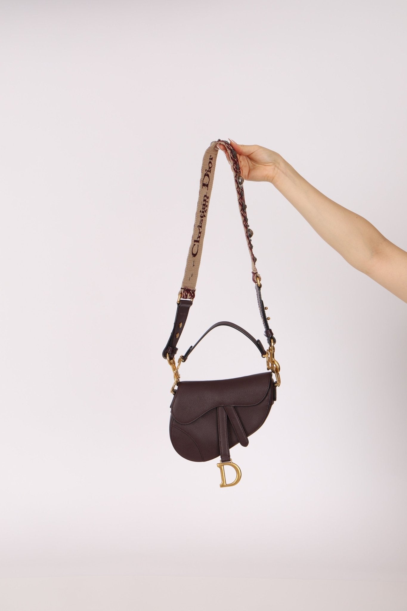 Dior 2019 Bordeaux Grain Mini Saddle GHW w/ Dior Guitar Strap - FashioNica