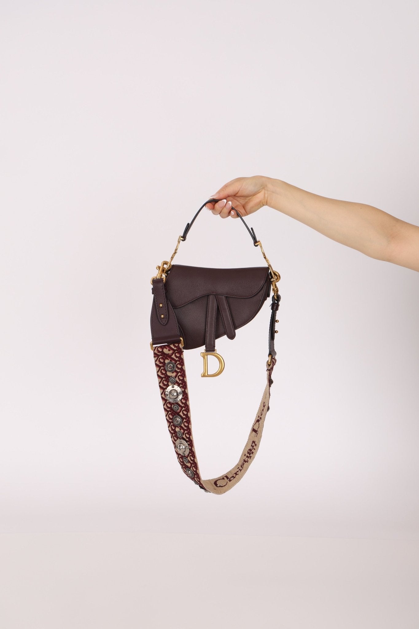 Dior 2019 Bordeaux Grain Mini Saddle GHW w/ Dior Guitar Strap - FashioNica