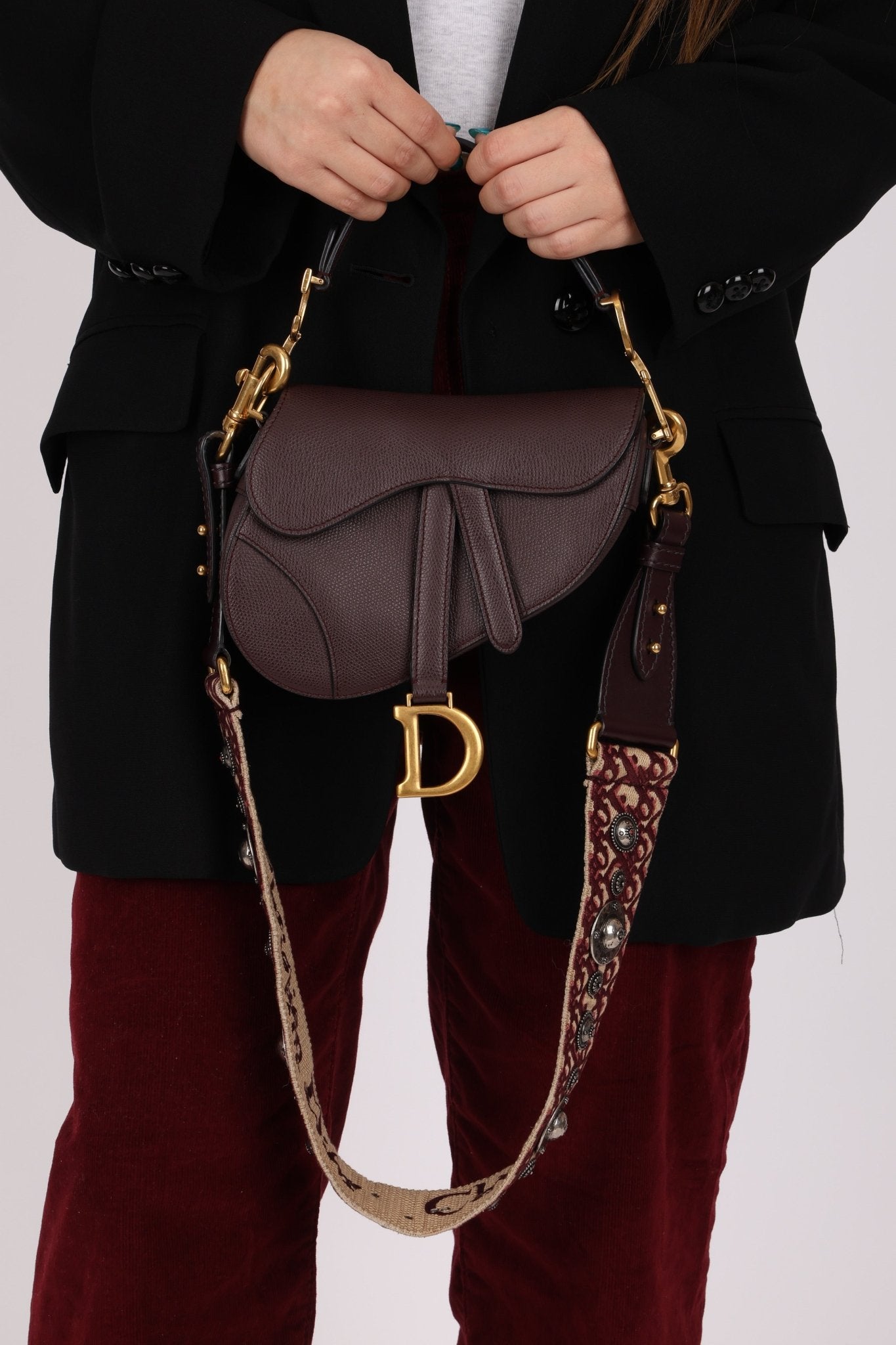 Dior 2019 Bordeaux Grain Mini Saddle GHW w/ Dior Guitar Strap - FashioNica