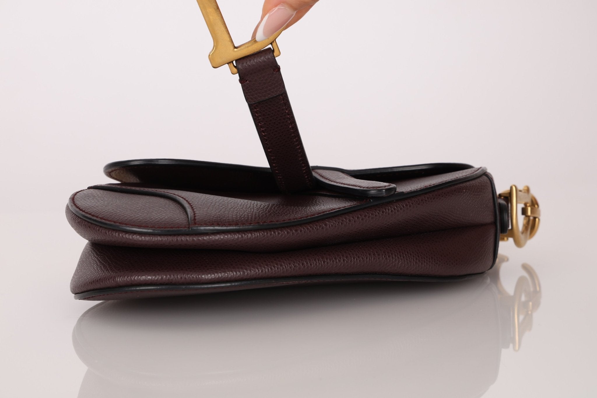 Dior 2019 Bordeaux Grain Mini Saddle GHW w/ Dior Guitar Strap - FashioNica