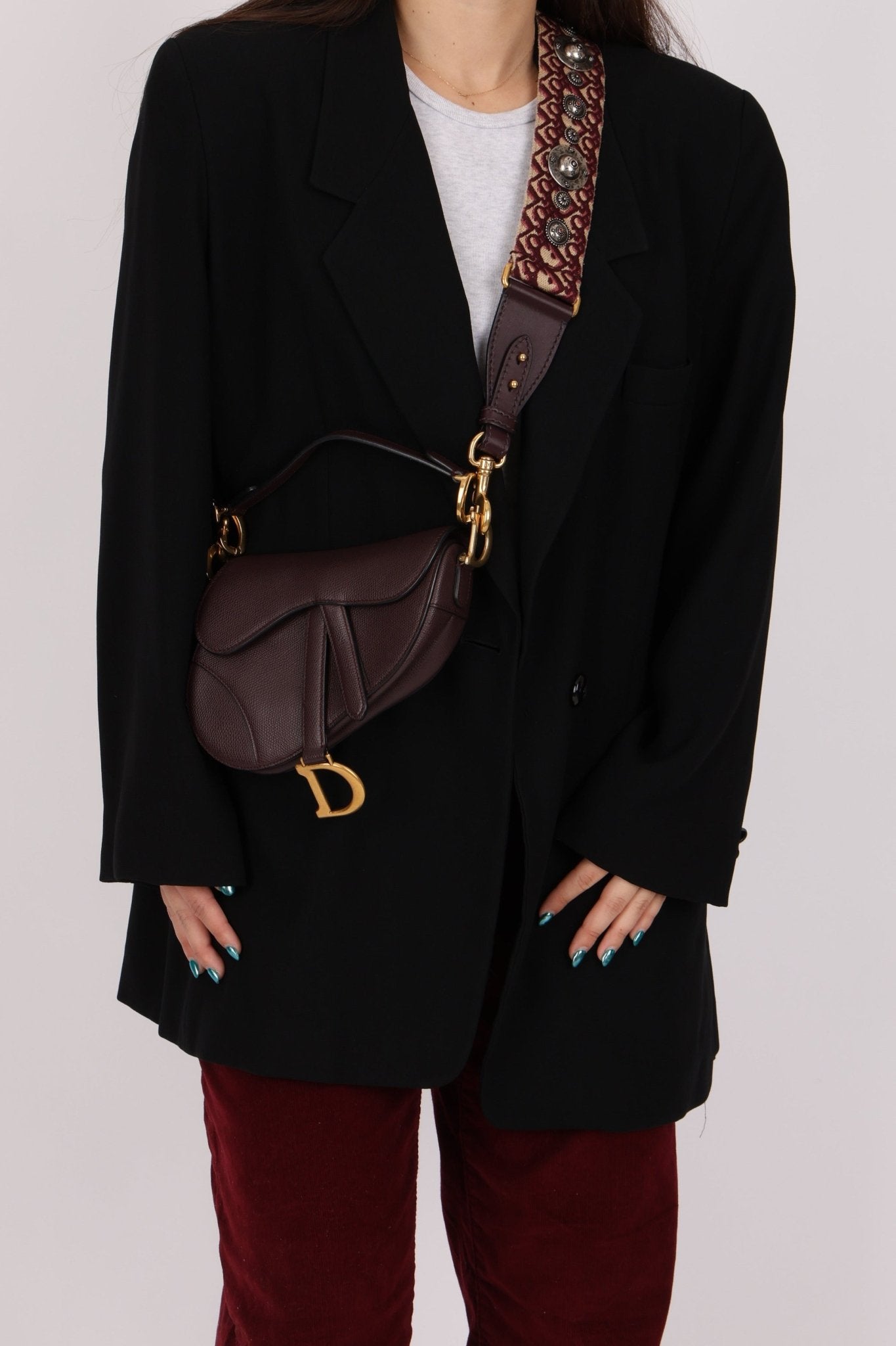Dior 2019 Bordeaux Grain Mini Saddle GHW w/ Dior Guitar Strap - FashioNica