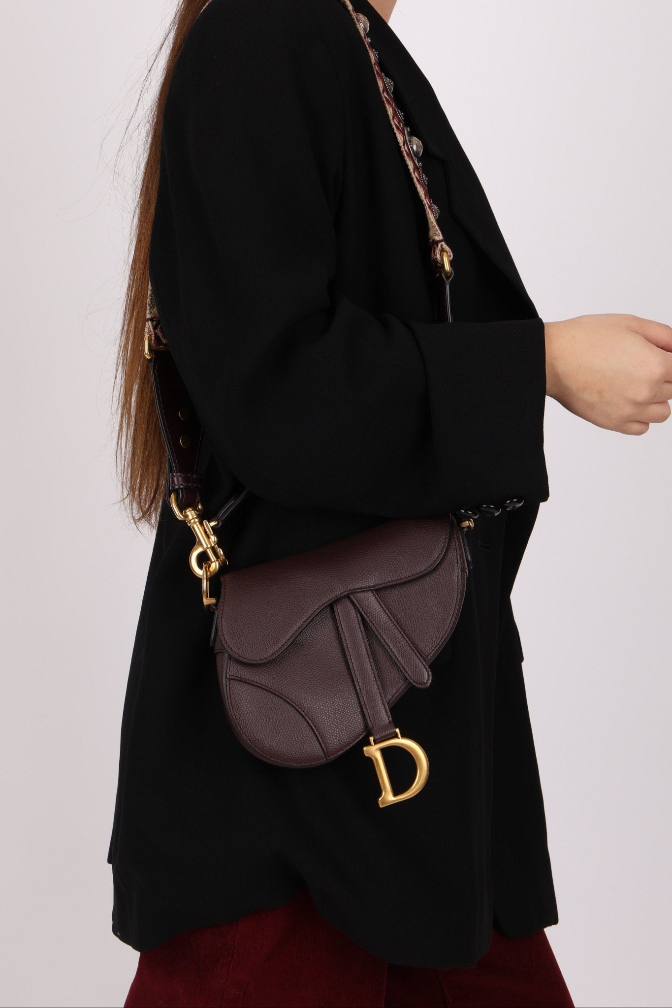 Dior 2019 Bordeaux Grain Mini Saddle GHW w/ Dior Guitar Strap - FashioNica