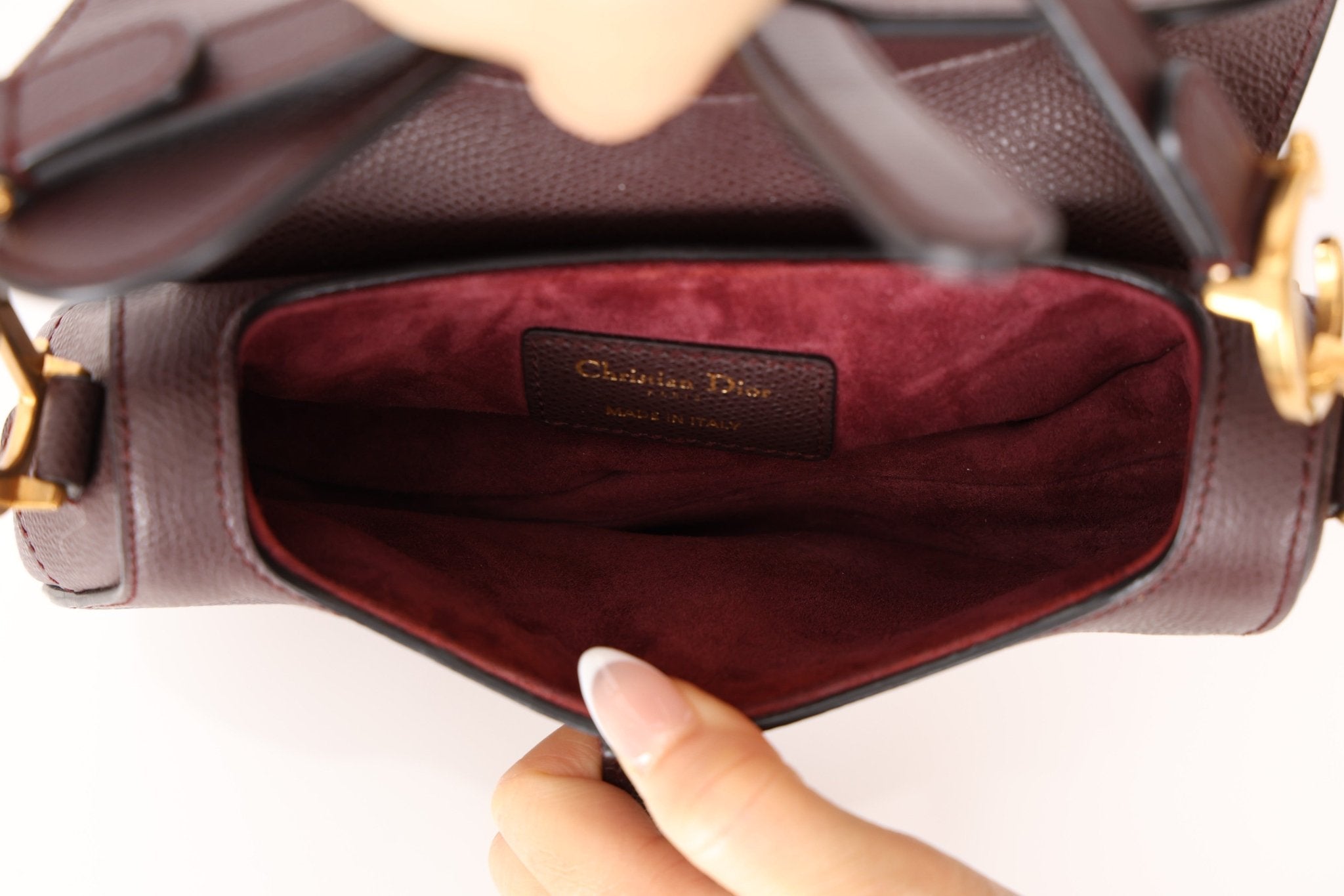 Dior 2019 Bordeaux Grain Mini Saddle GHW w/ Dior Guitar Strap - FashioNica