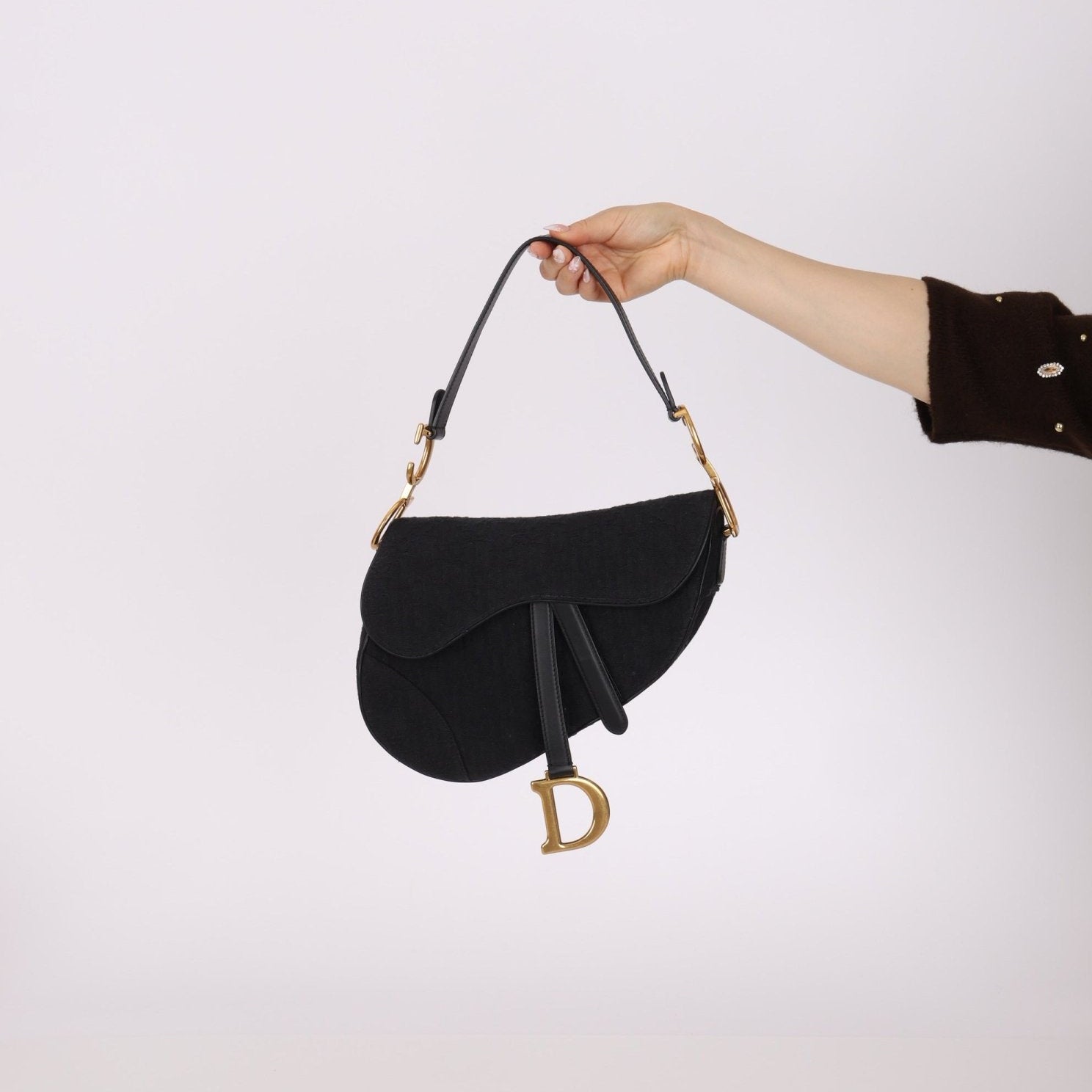 Dior 2019 Oblique Black Medium Saddle w Dior Guitar Strap - FashioNica