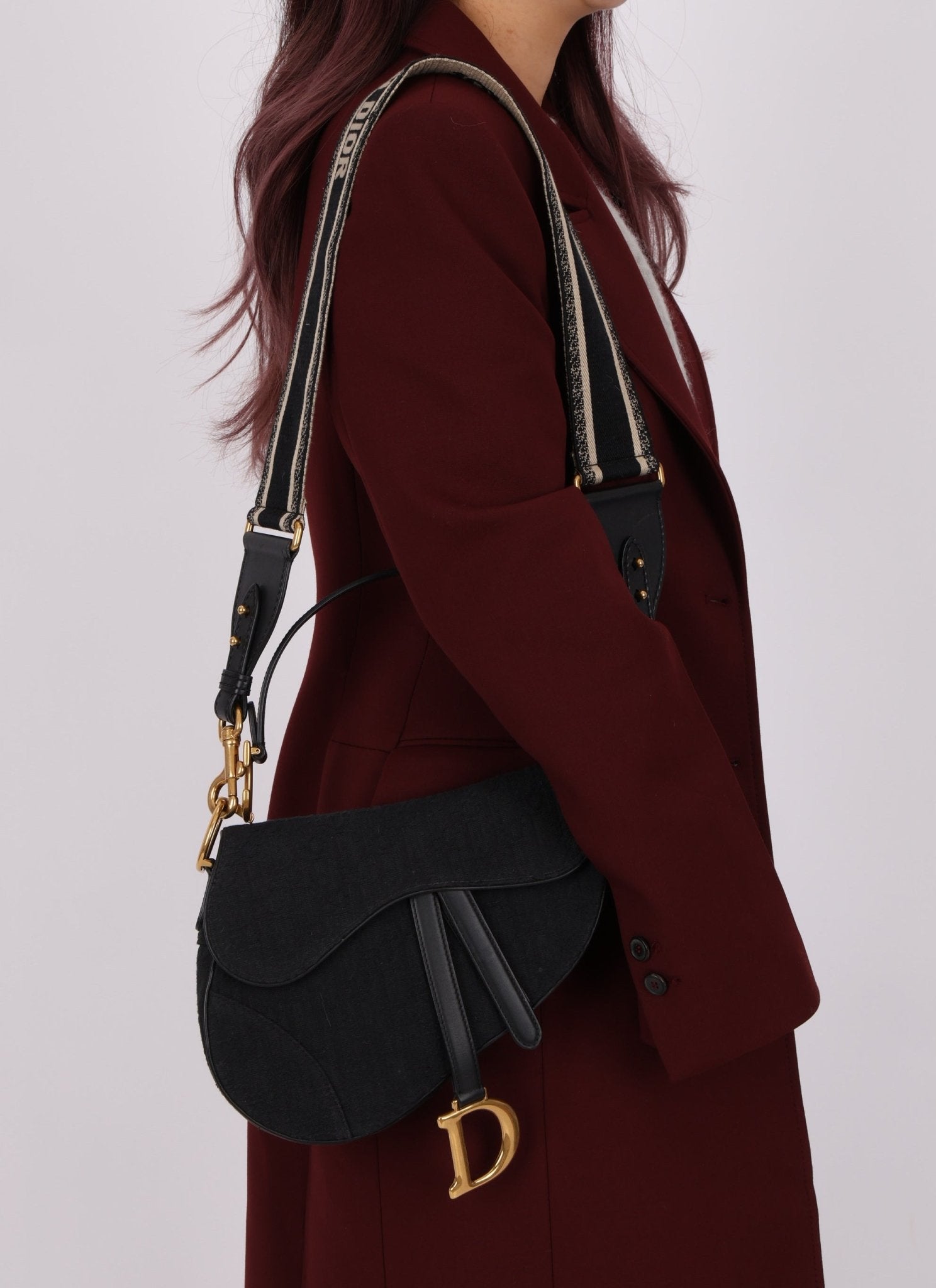 Dior 2019 Oblique Black Medium Saddle w Dior Guitar Strap - FashioNica