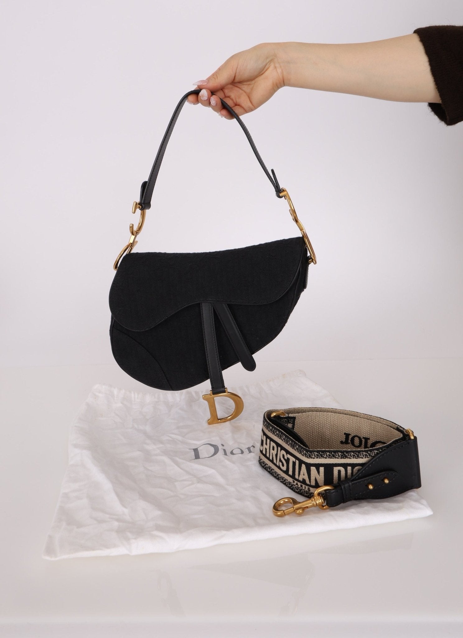 Dior 2019 Oblique Black Medium Saddle w Dior Guitar Strap - FashioNica