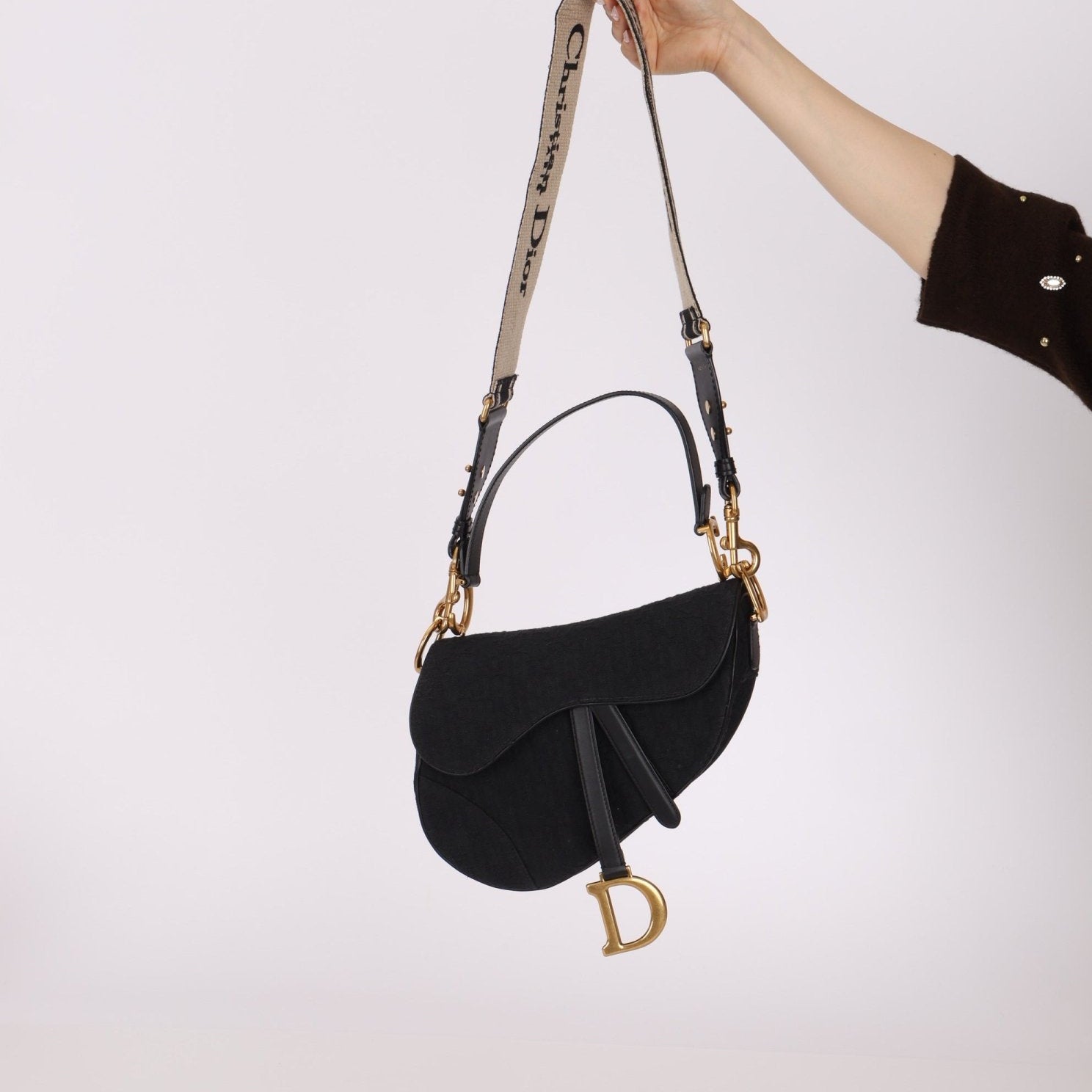 Dior 2019 Oblique Black Medium Saddle w Dior Guitar Strap - FashioNica