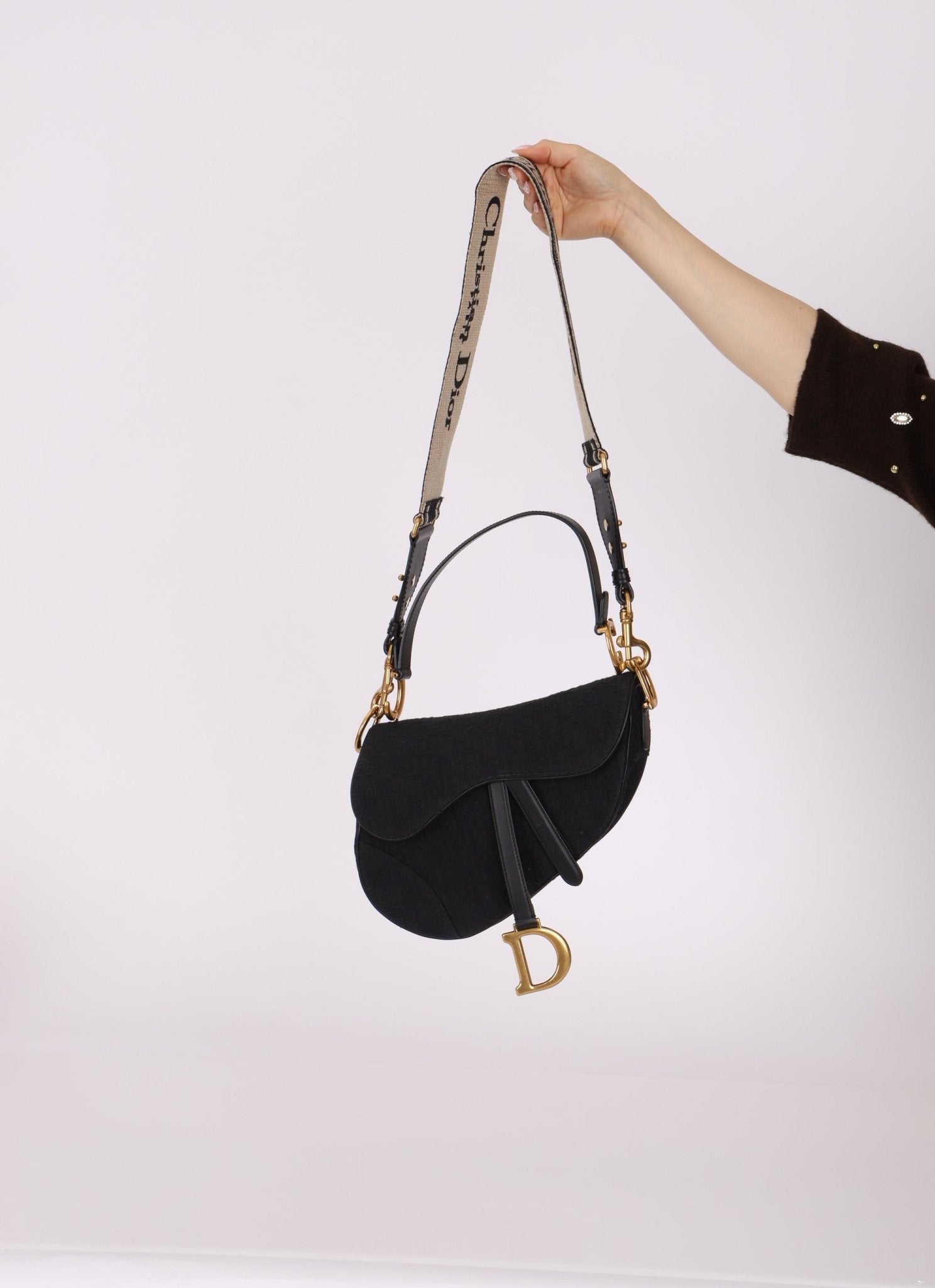 Dior 2019 Oblique Black Medium Saddle w Dior Guitar Strap - FashioNica