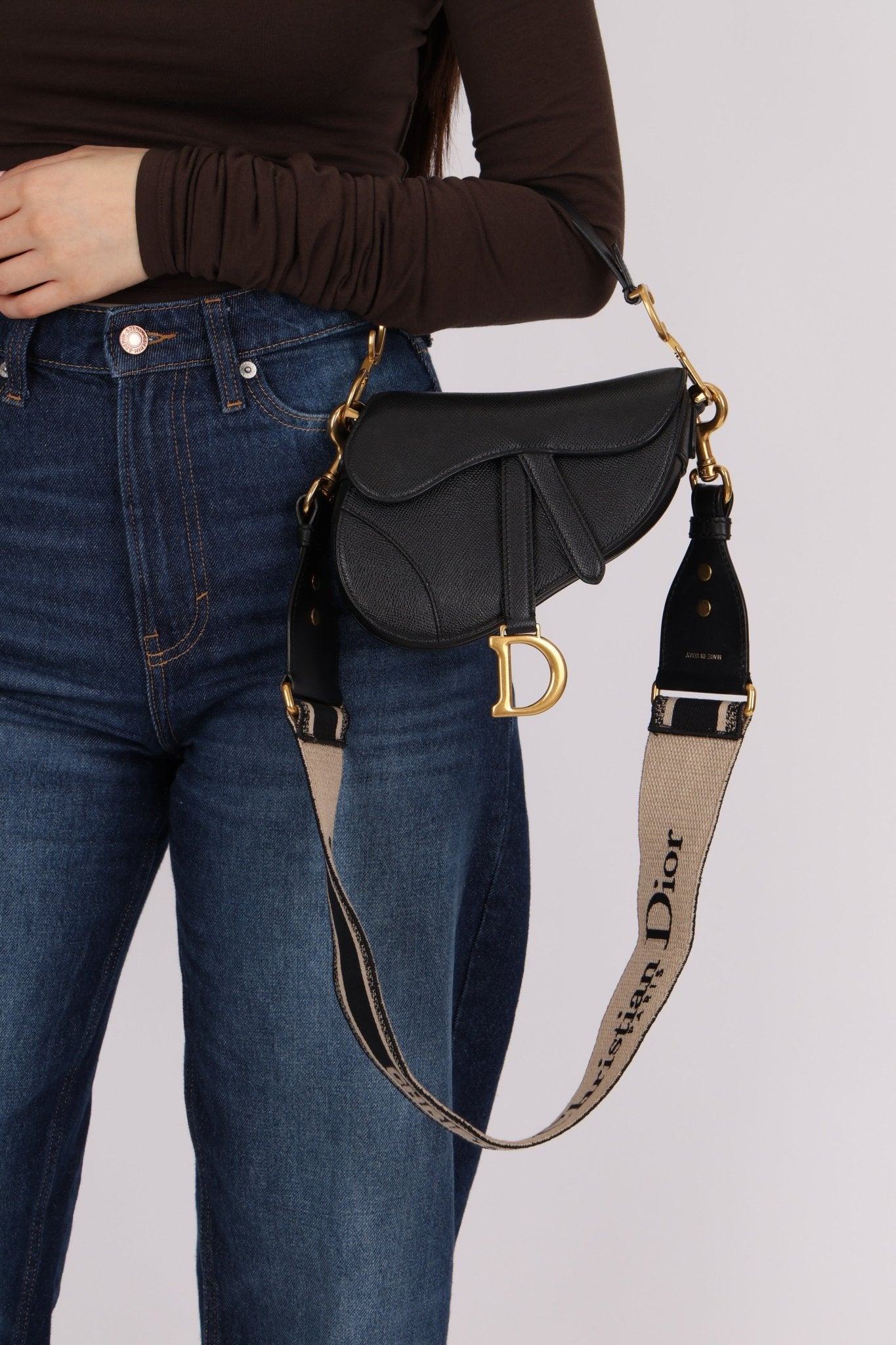 Dior 2021 Grained Calfskin Mini Saddle Bag w/ Guitar Strap - FashioNica