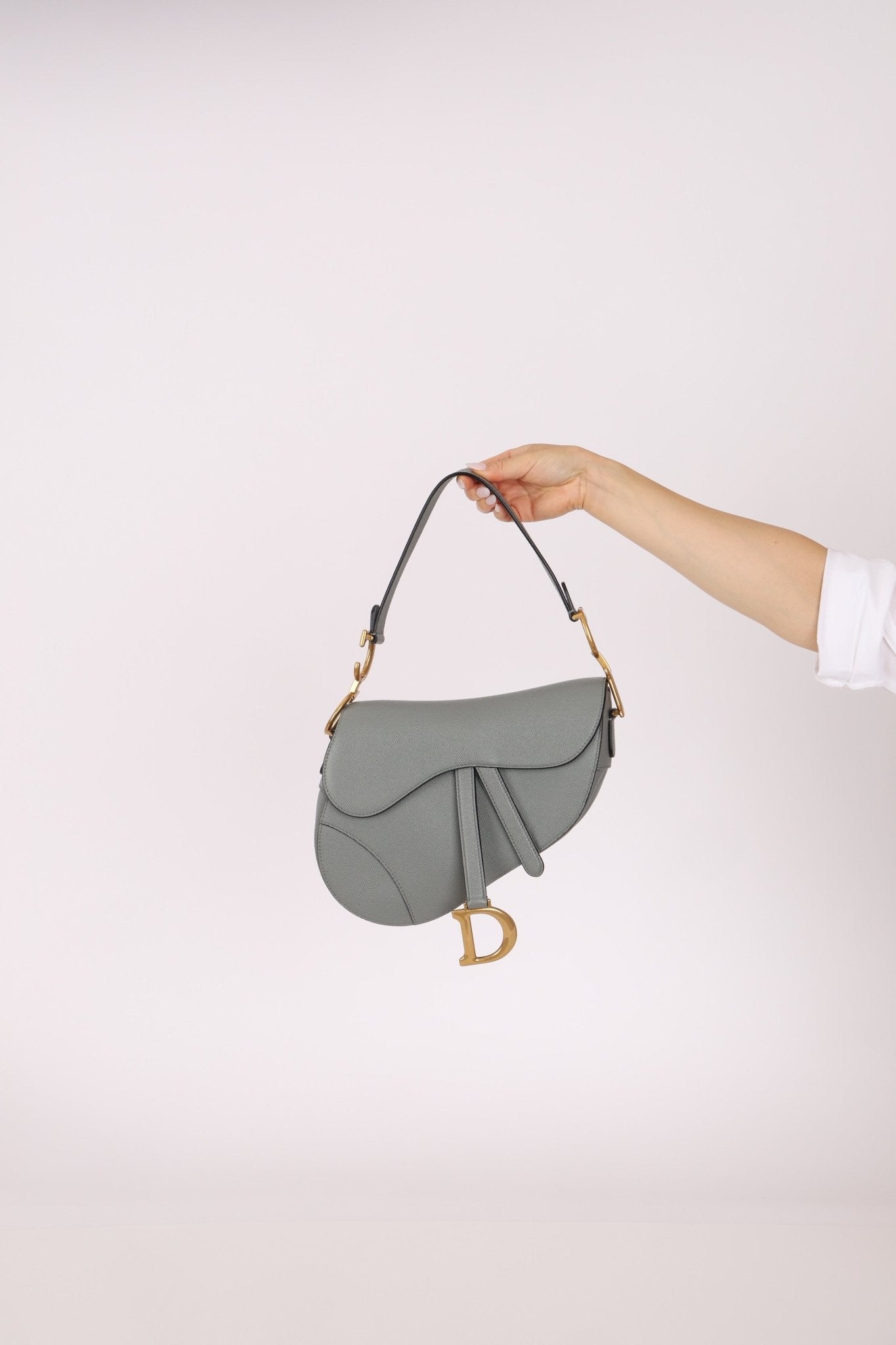 Dior Calfskin Stone Grey Medium Saddle Bag w/ Strap - FashioNica