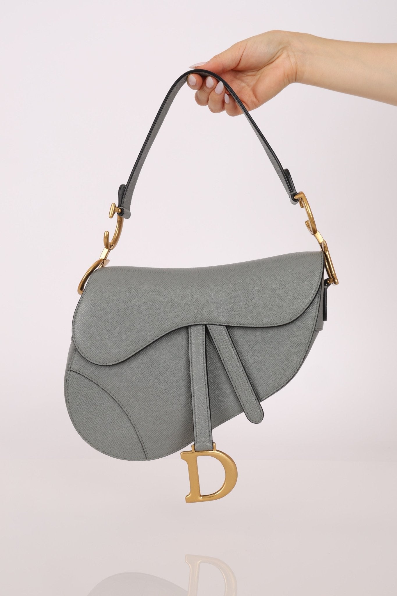 Dior Calfskin Stone Grey Medium Saddle Bag w/ Strap - FashioNica