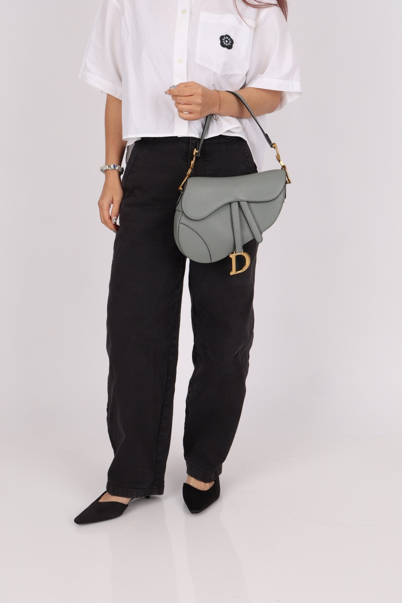 Dior Calfskin Stone Grey Medium Saddle Bag w/ Strap - FashioNica