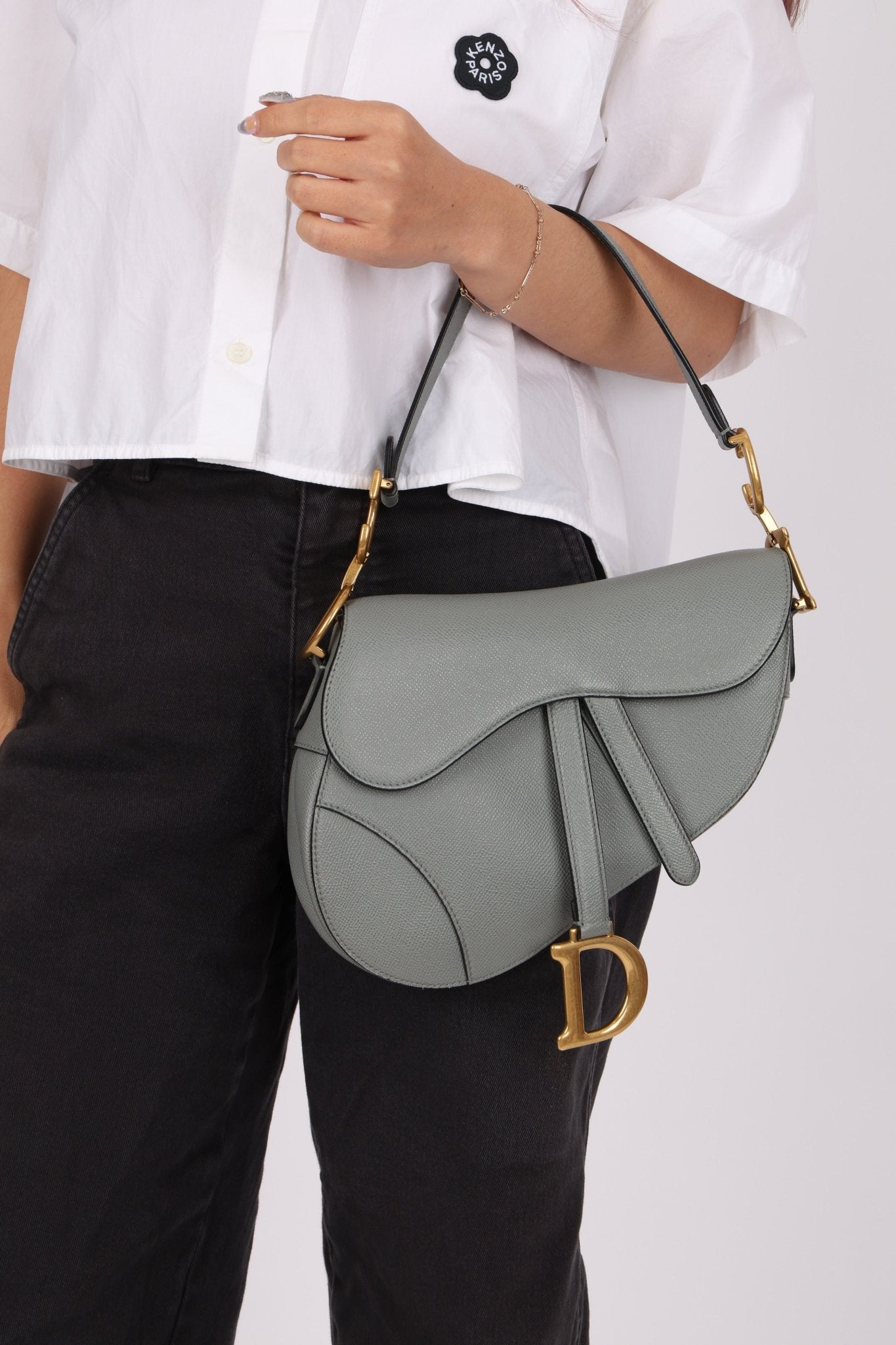 Dior Calfskin Stone Grey Medium Saddle Bag w/ Strap - FashioNica