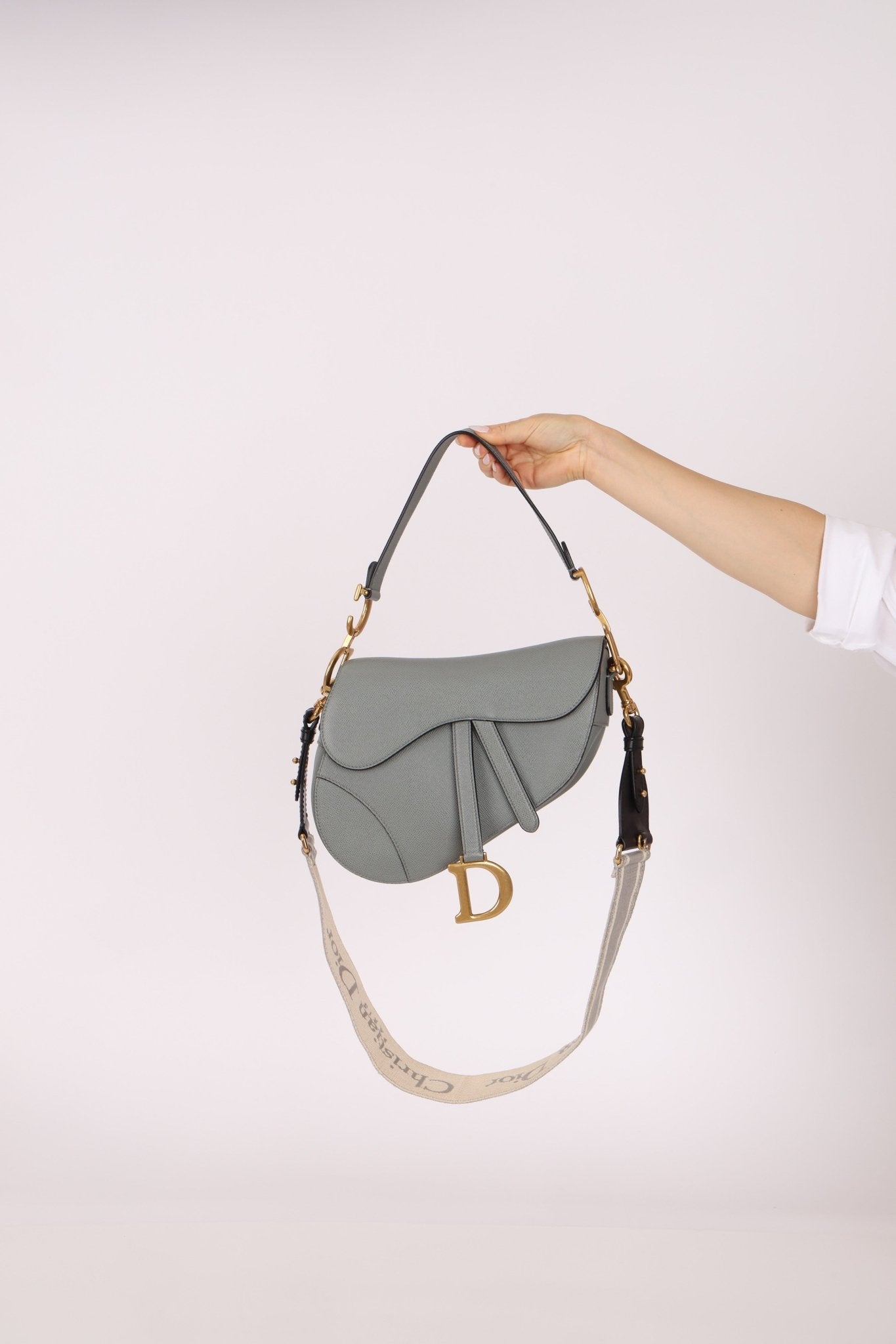 Dior Calfskin Stone Grey Medium Saddle Bag w/ Strap - FashioNica