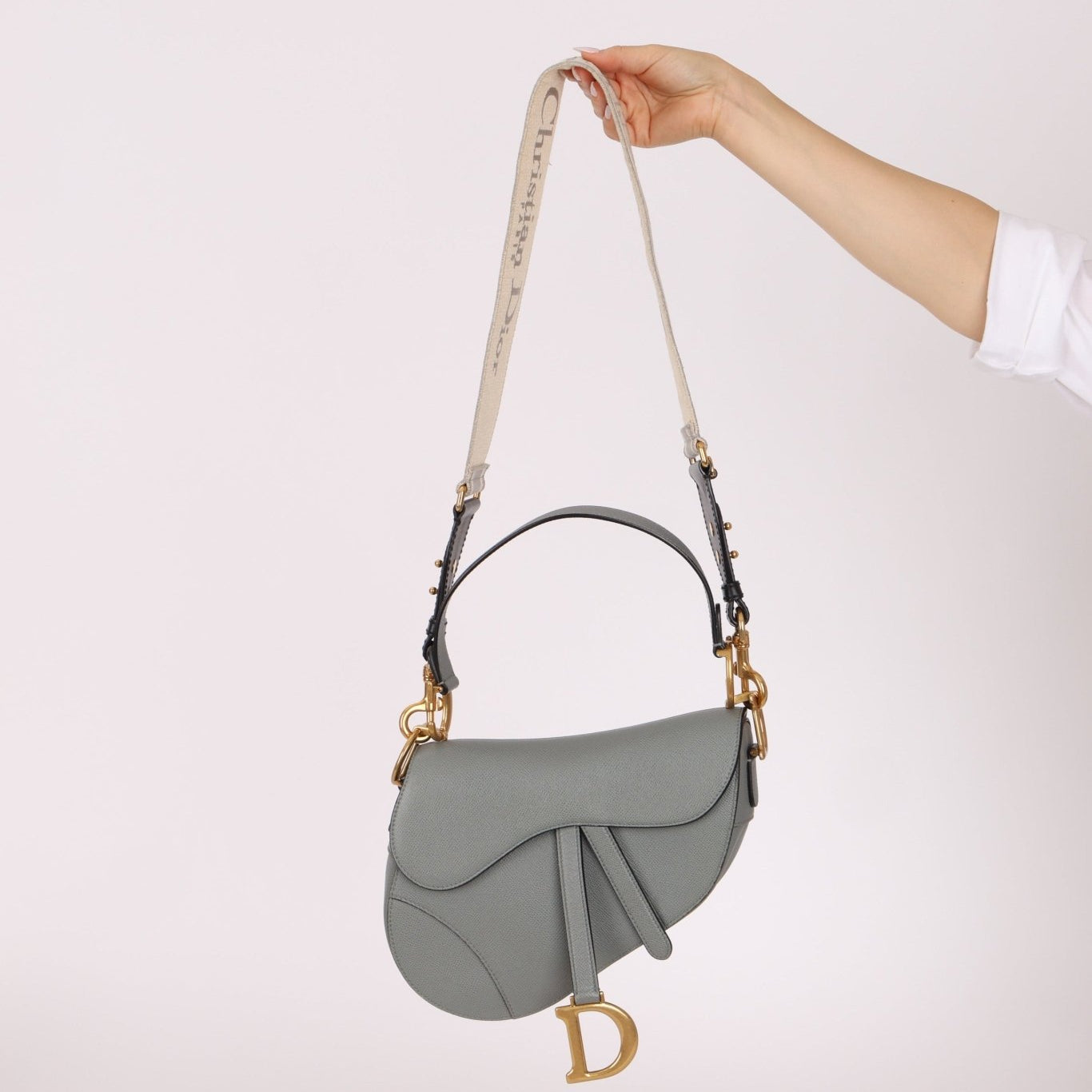 Dior Calfskin Stone Grey Medium Saddle Bag w/ Strap - FashioNica