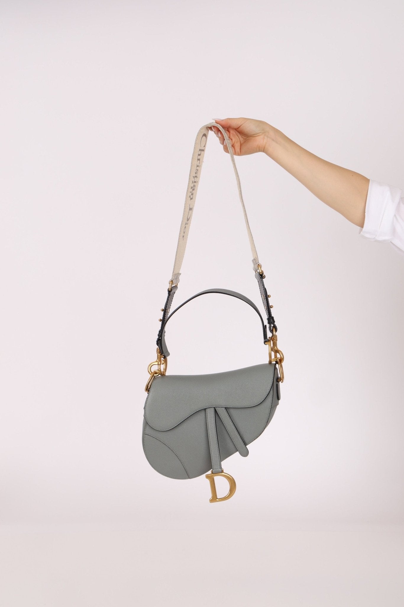 Dior Calfskin Stone Grey Medium Saddle Bag w/ Strap - FashioNica