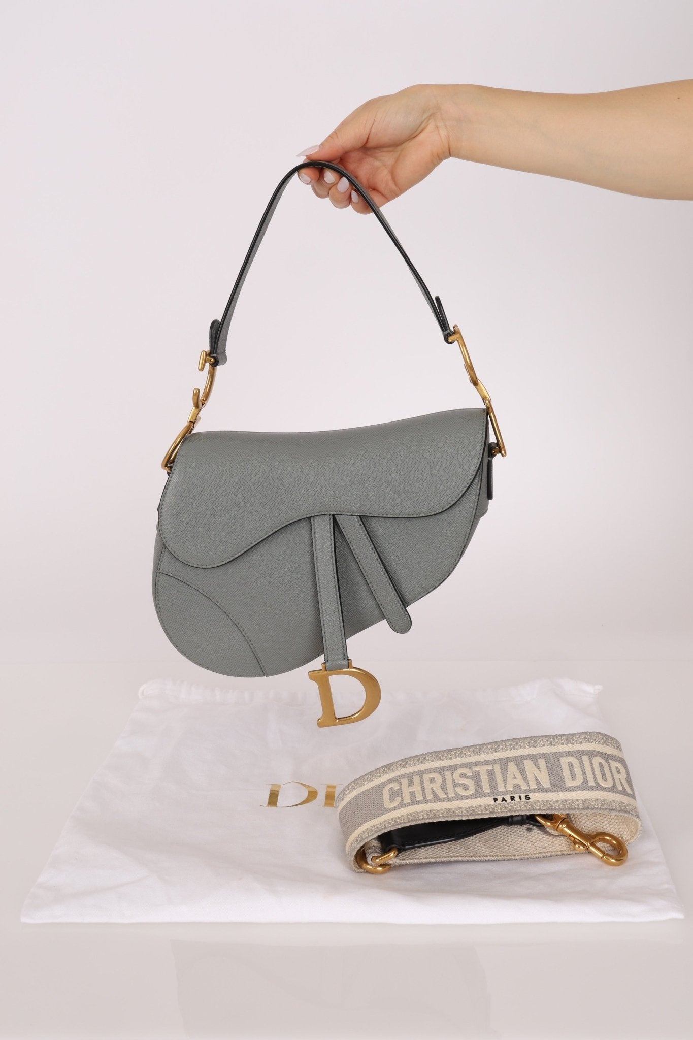 Dior Calfskin Stone Grey Medium Saddle Bag w/ Strap - FashioNica