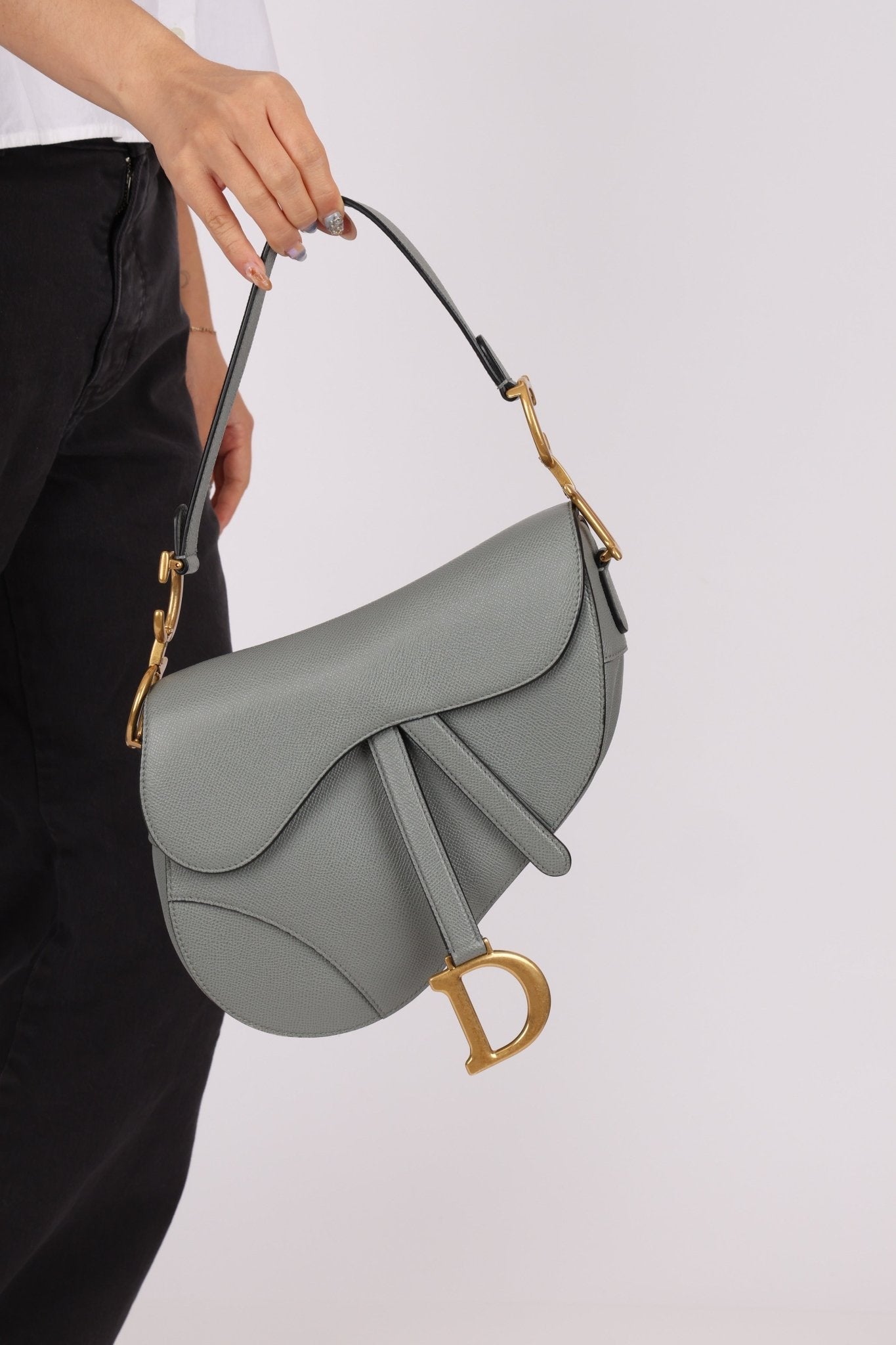 Dior Calfskin Stone Grey Medium Saddle Bag w/ Strap - FashioNica