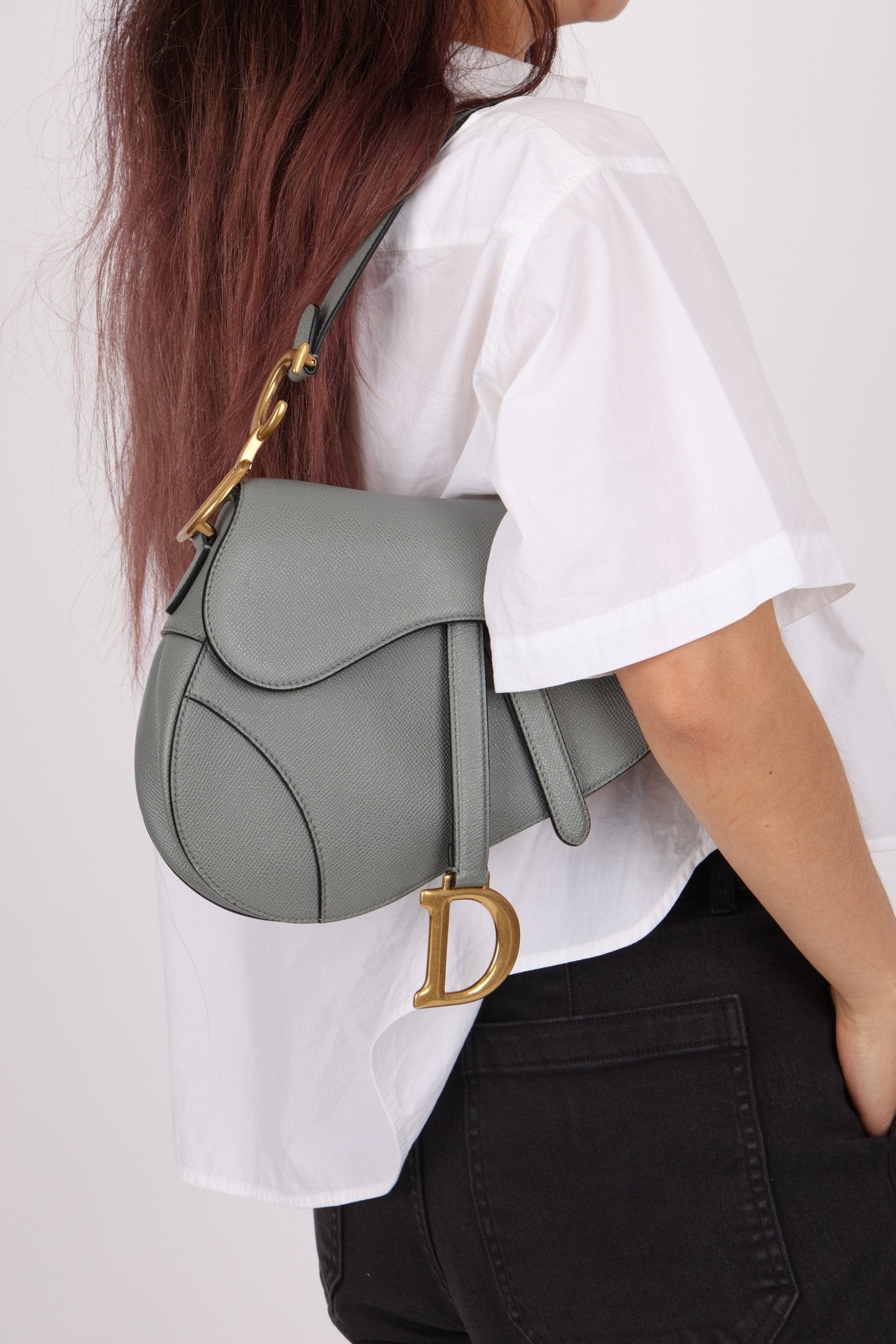 Dior Calfskin Stone Grey Medium Saddle Bag w/ Strap - FashioNica