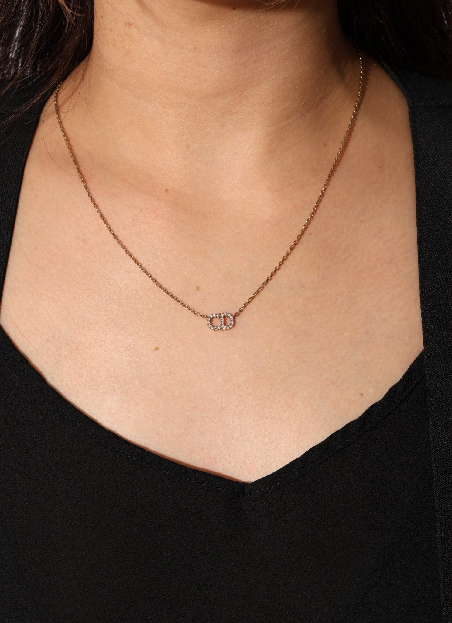 Dior CD Rhinestone Logo Pendant Necklace - FashioNica