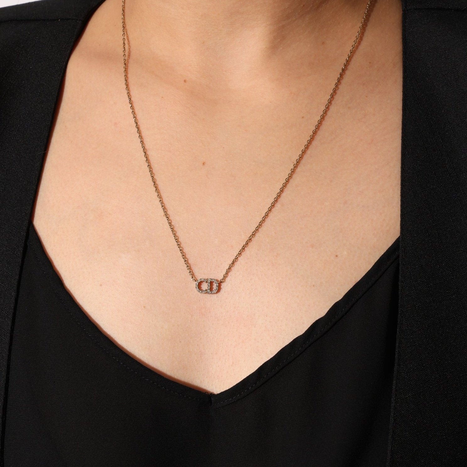 Dior CD Rhinestone Logo Pendant Necklace - FashioNica