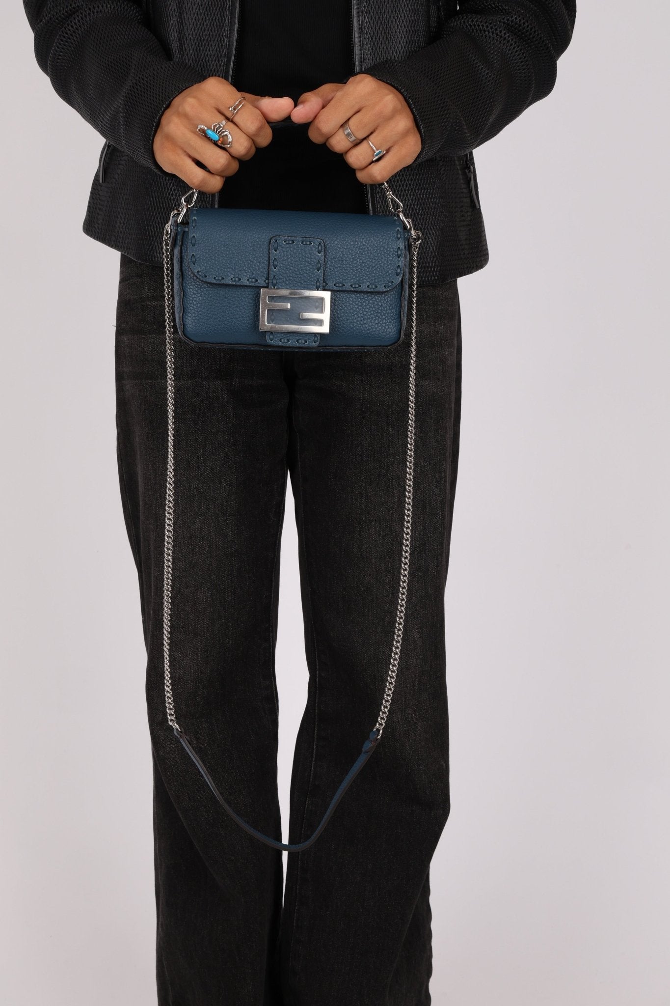 Fendi Blue Cuoio Romano Baguette Bag - FashioNica