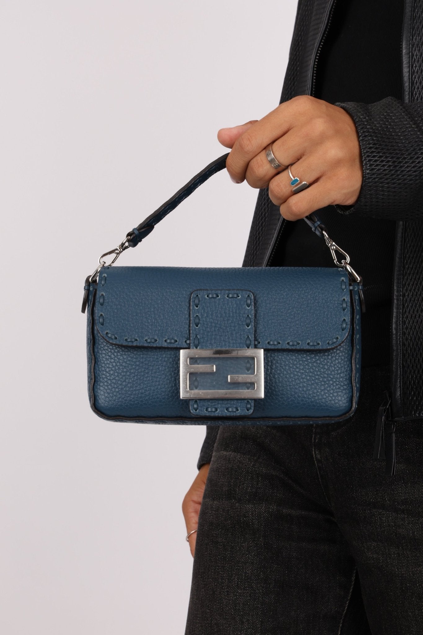 Fendi Blue Cuoio Romano Baguette Bag - FashioNica