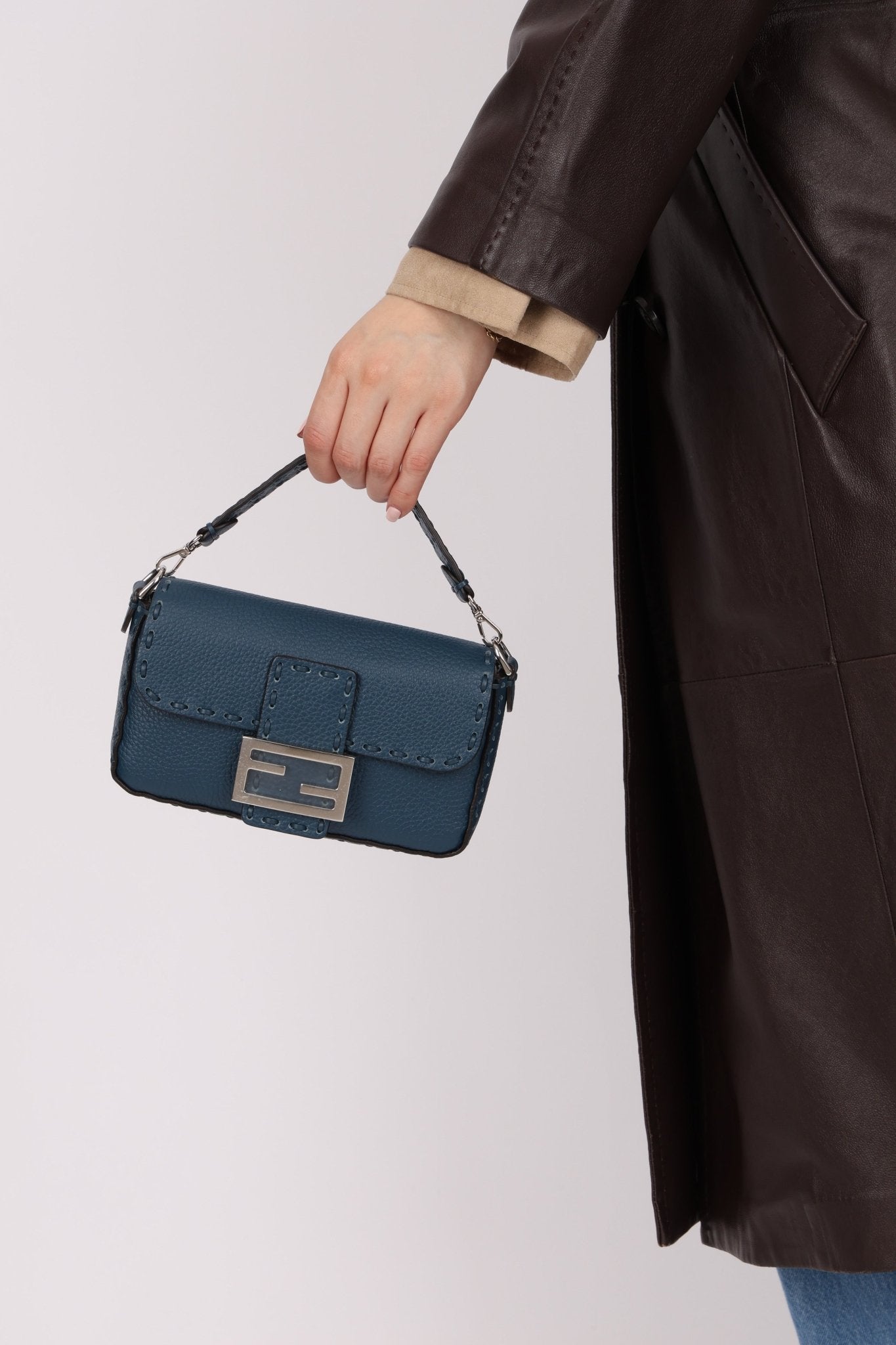 Fendi Blue Cuoio Romano Baguette Bag - FashioNica