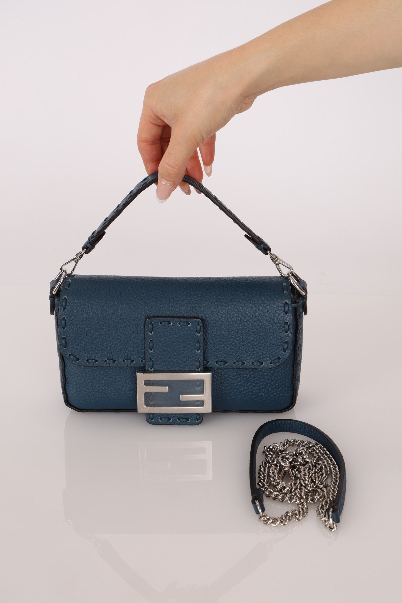Fendi Blue Cuoio Romano Baguette Bag - FashioNica