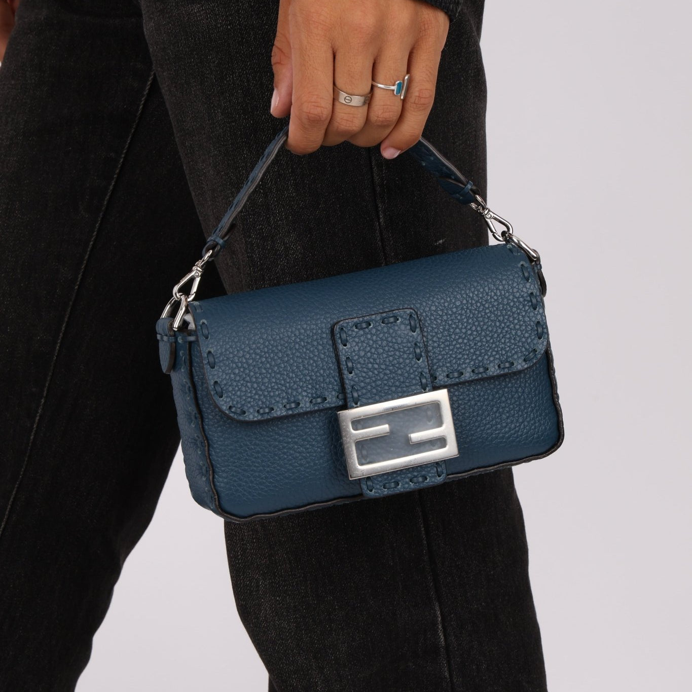 Fendi Blue Cuoio Romano Baguette Bag - FashioNica