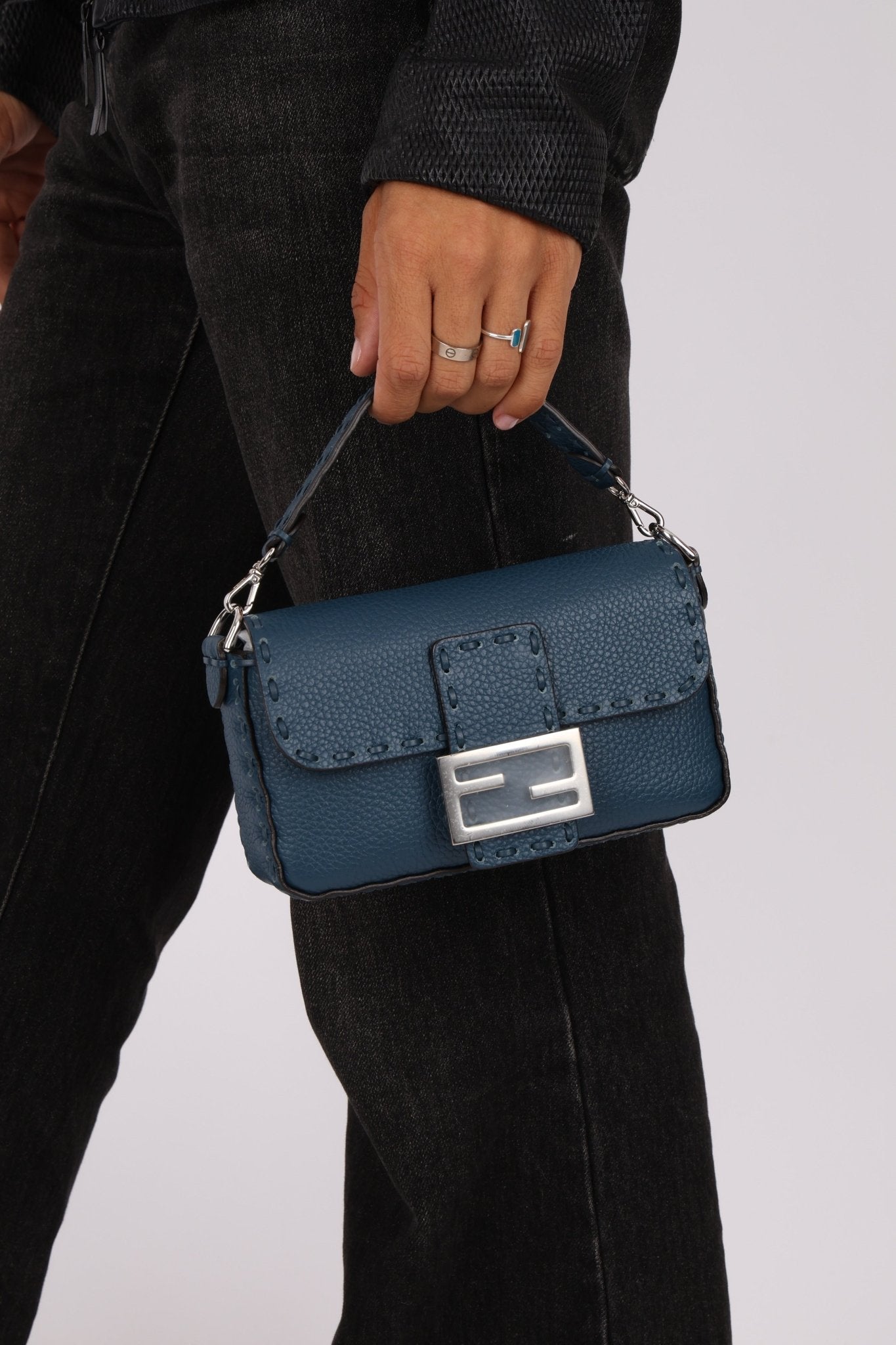 Fendi Blue Cuoio Romano Baguette Bag - FashioNica
