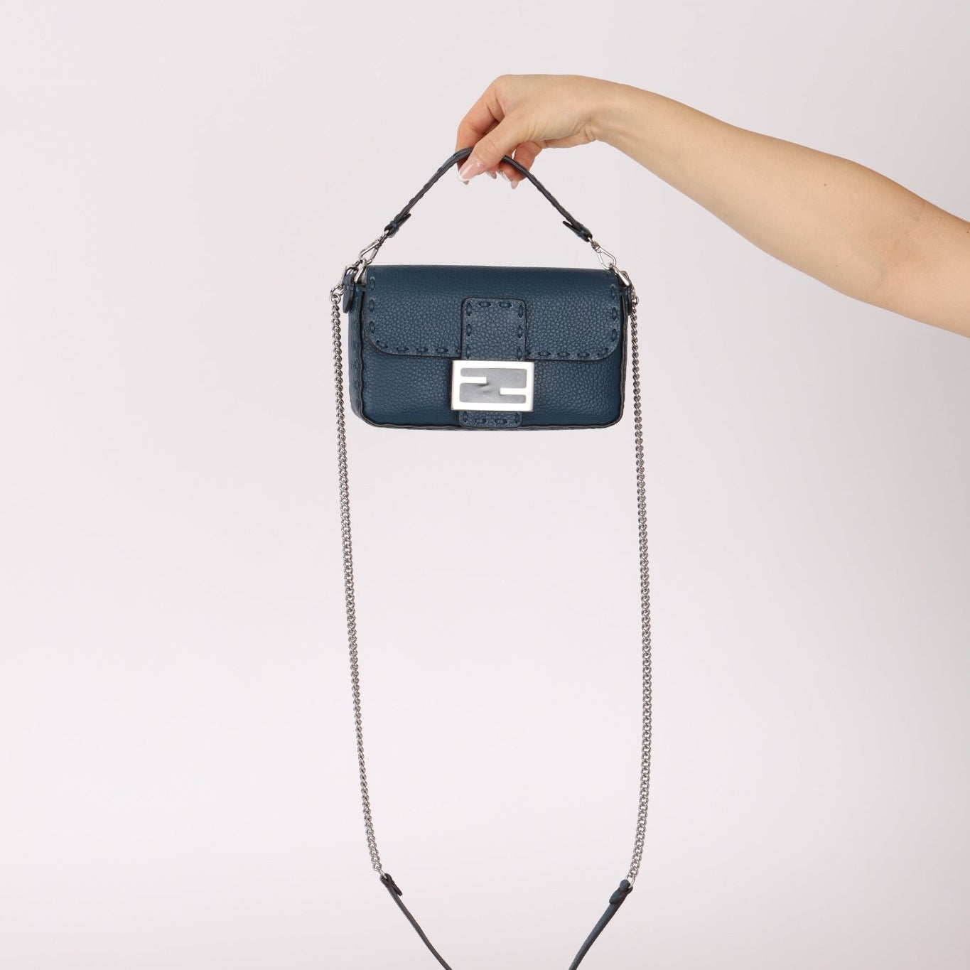 Fendi Blue Cuoio Romano Baguette Bag - FashioNica