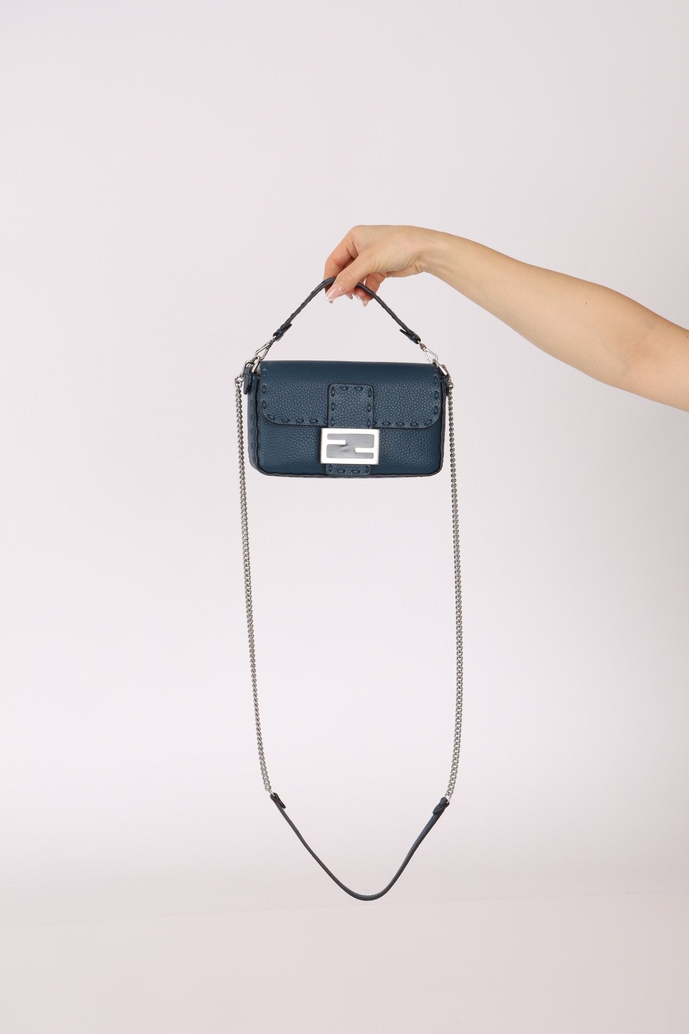 Fendi Blue Cuoio Romano Baguette Bag - FashioNica