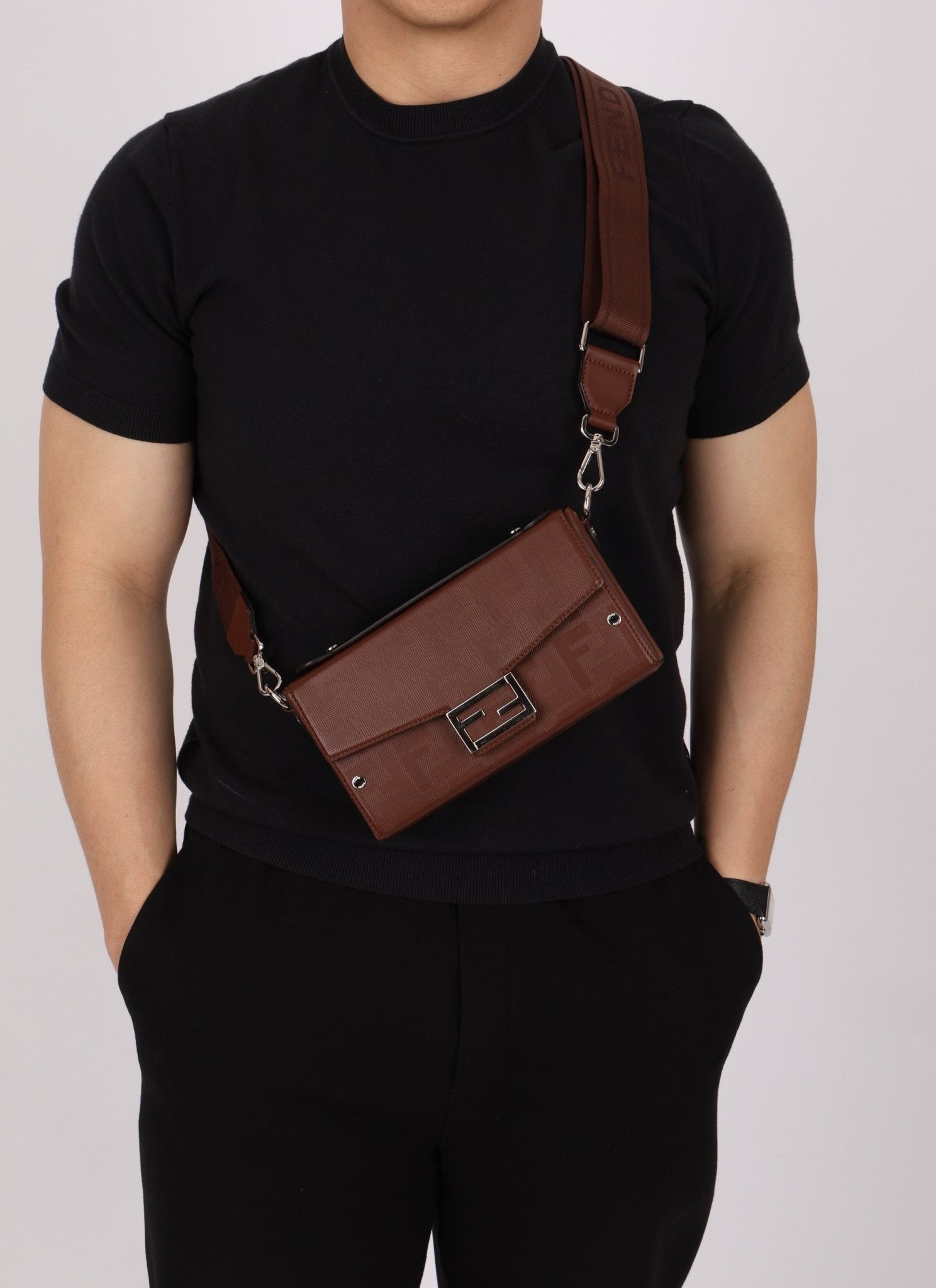 Fendi Chocolate Zucca Soft Trunk Baguette with Strap - FashioNica