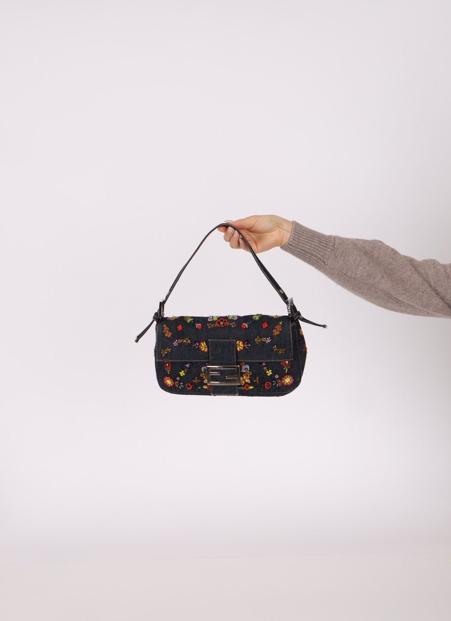 Fendi Denim Floral Beaded Baguette - FashioNica